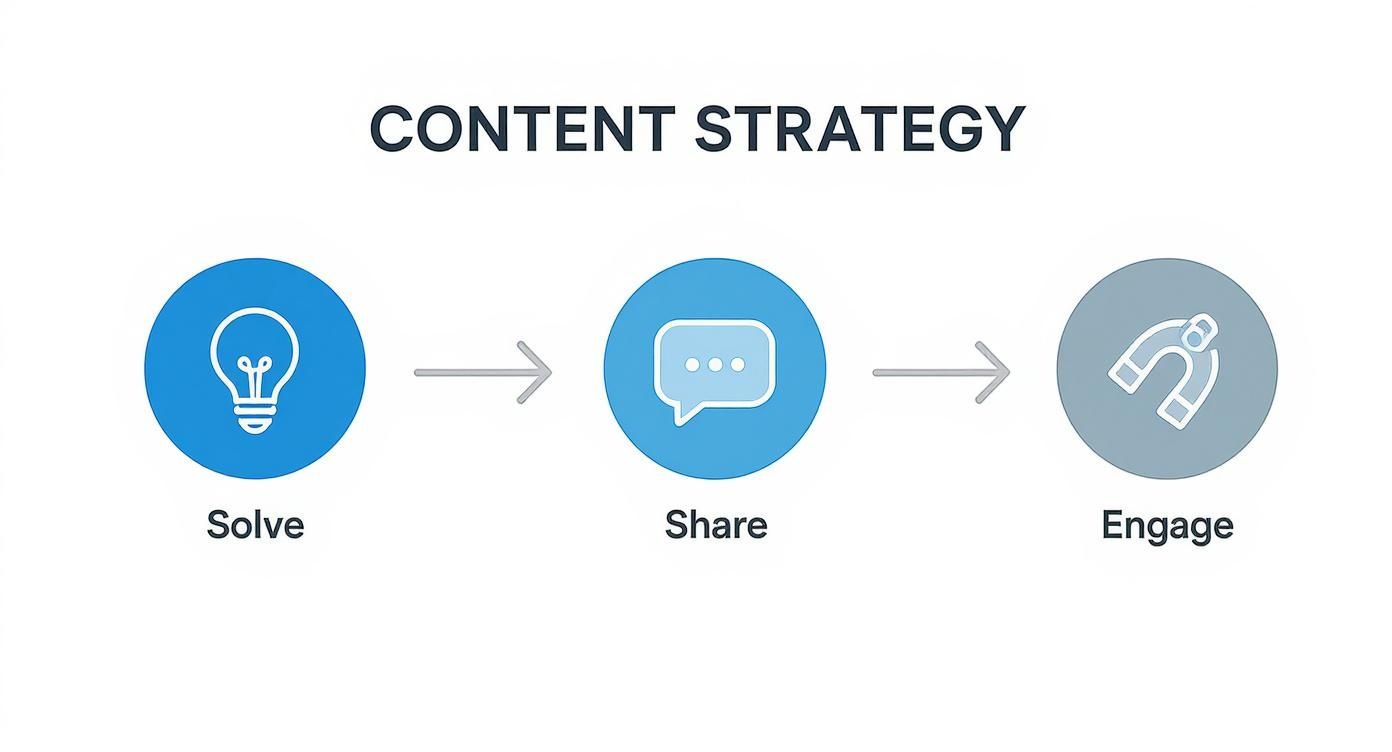 A content strategy diagram showing three steps: Solve (lightbulb), Share (speech bubble), and Engage (magnet).
