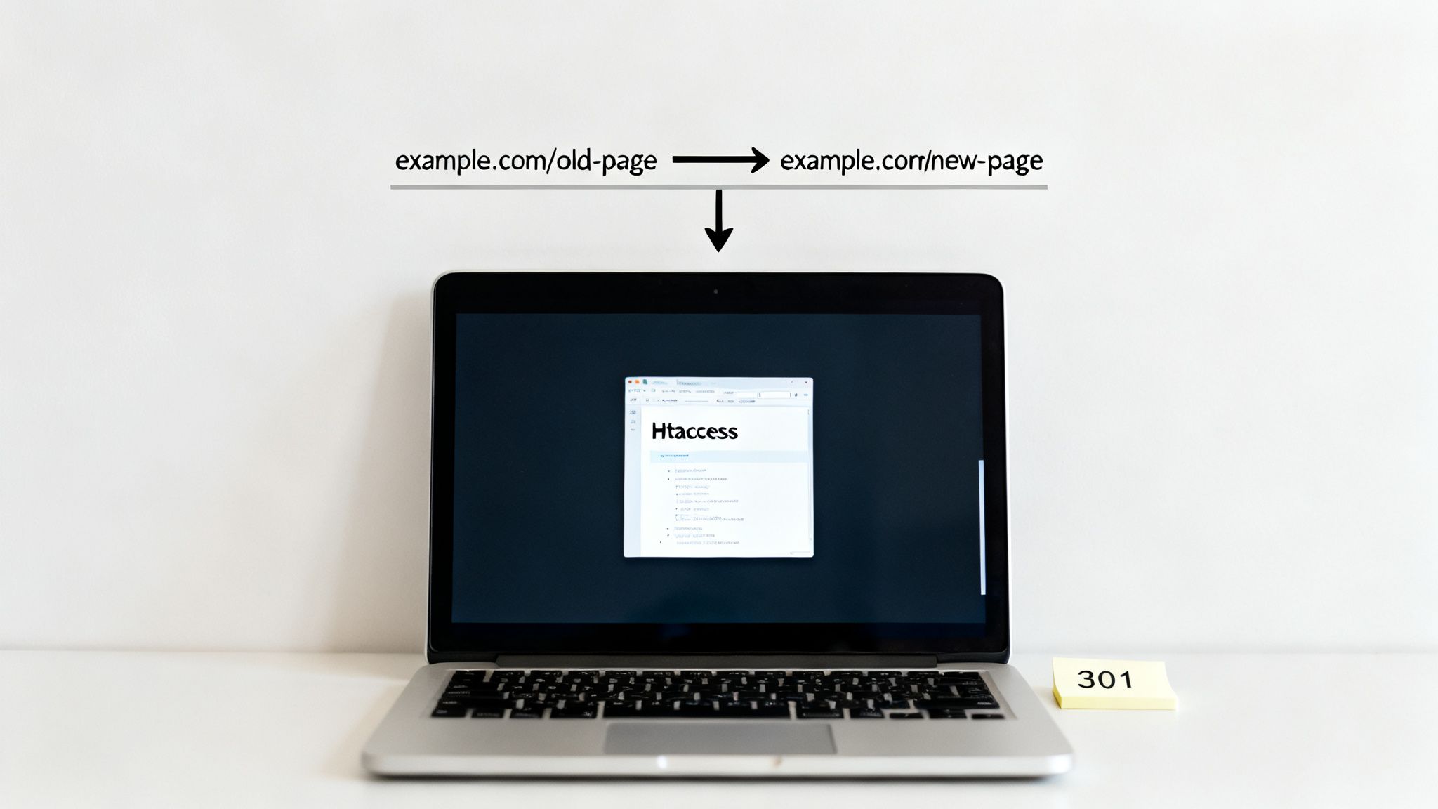 A laptop on a desk showing a 301 URL redirect using .htaccess from an old page to a new page.