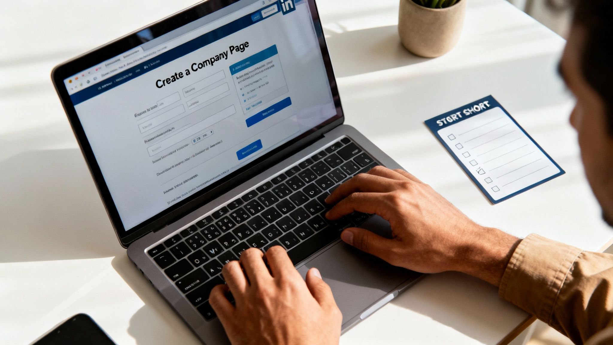 A person types on a laptop displaying a 'Create a Company Page' form, with a 'START SHORT' checklist nearby.