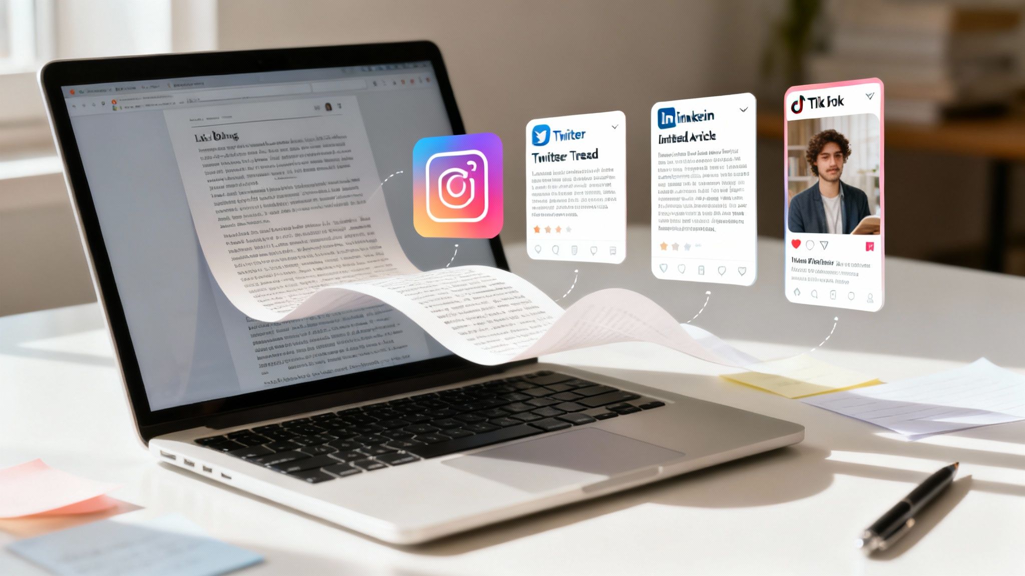 Content flowing from a laptop article to social media platforms, illustrating repurposing strategies.