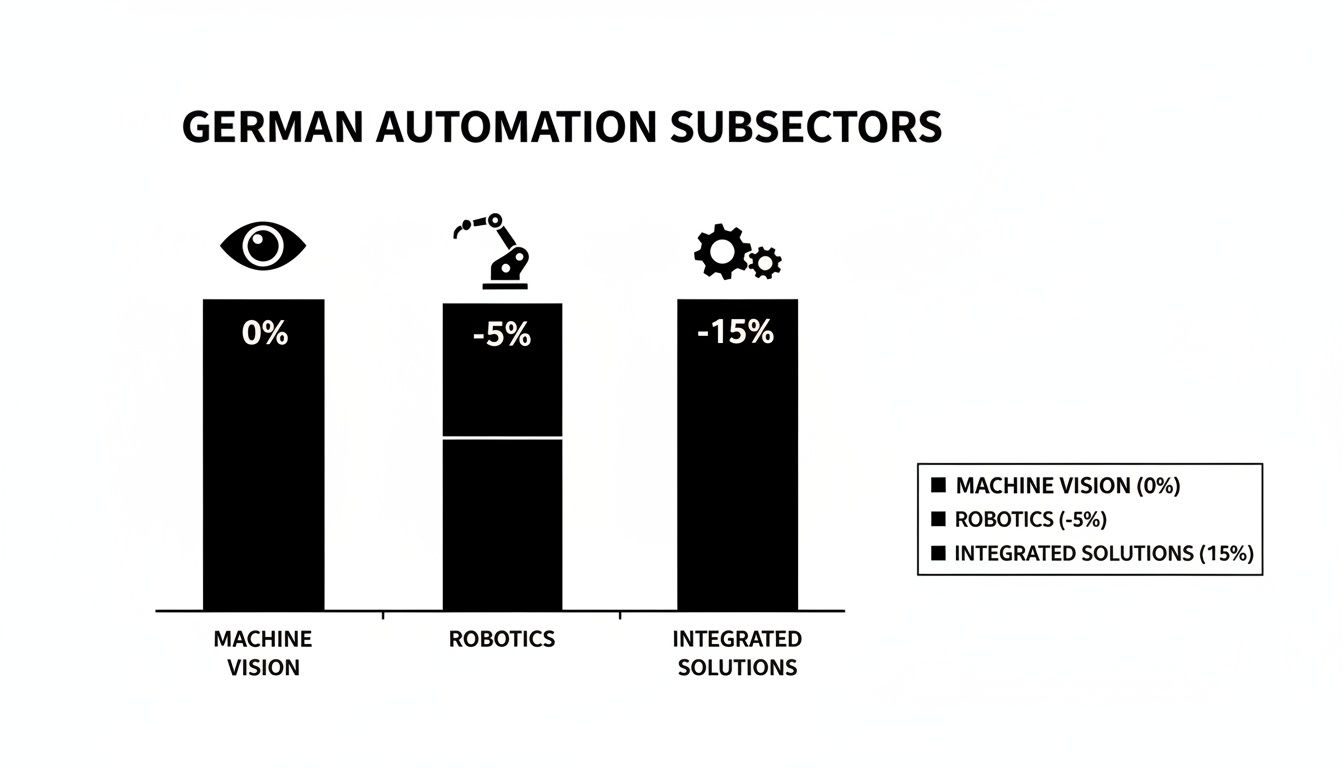 Bar chart displaying performance of German automation subsectors: Machine Vision (0%), Robotics (-5%), and Integrated Solutions (-15%).