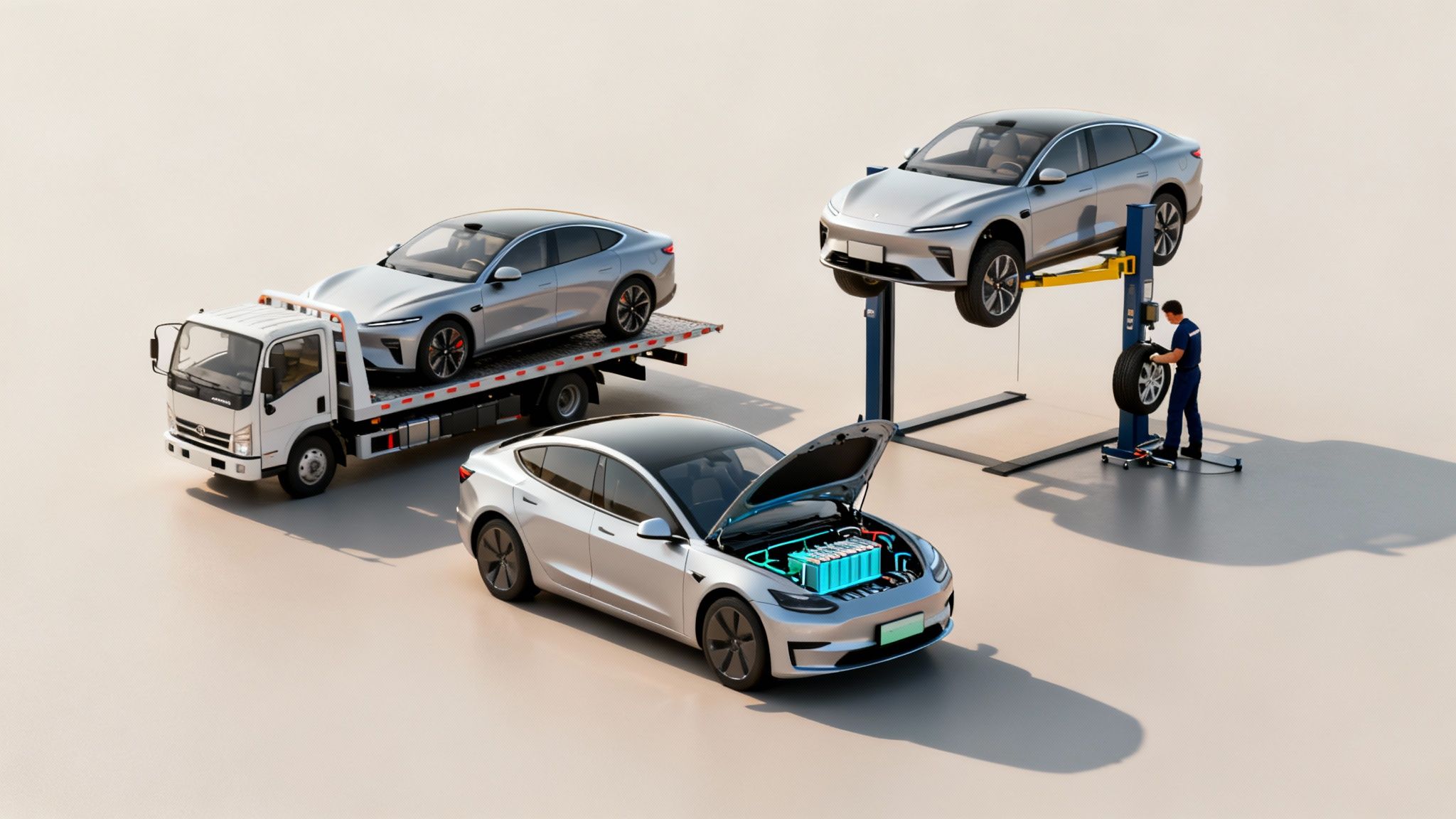 Electric vehicle service scene with a tow truck, car lift, mechanic, and EV battery display.