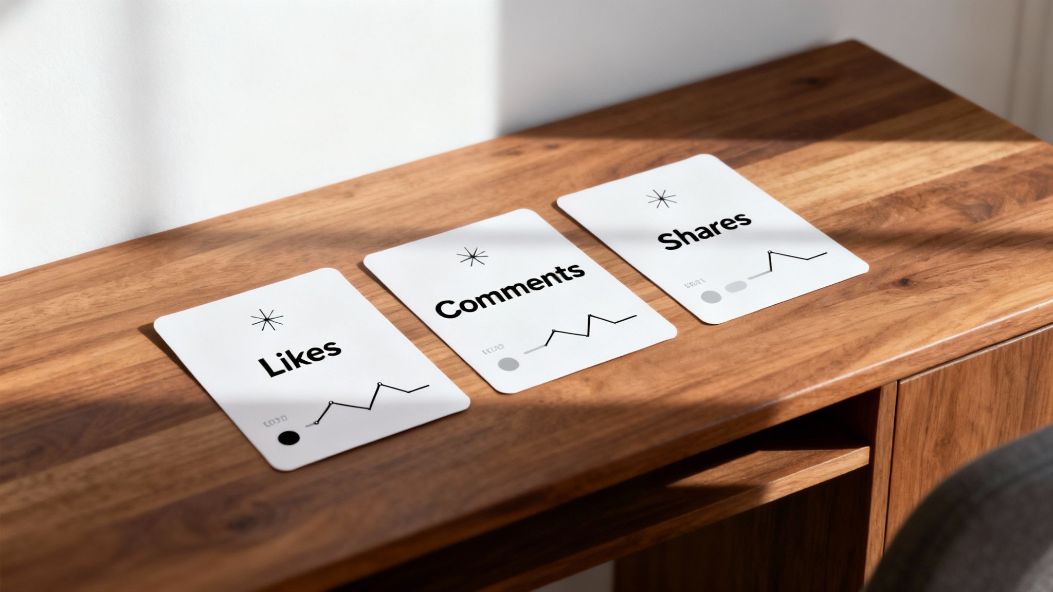 Three white cards displaying social media engagement metrics: Likes, Comments, Shares, on a wooden table.