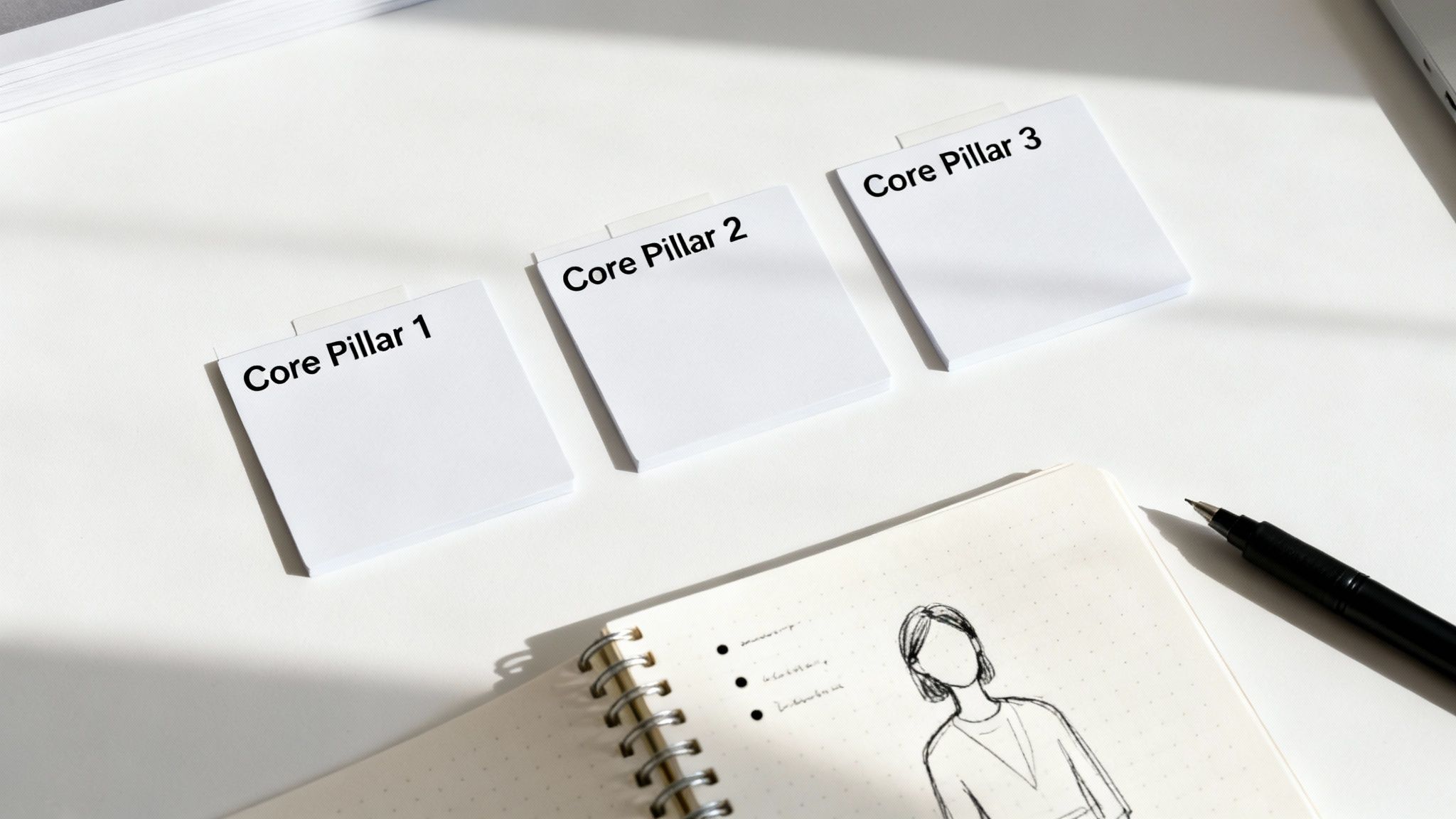 Three white notepads labeled 'Core Pillar 1', '2', and '3' on a desk with a notebook and pen.