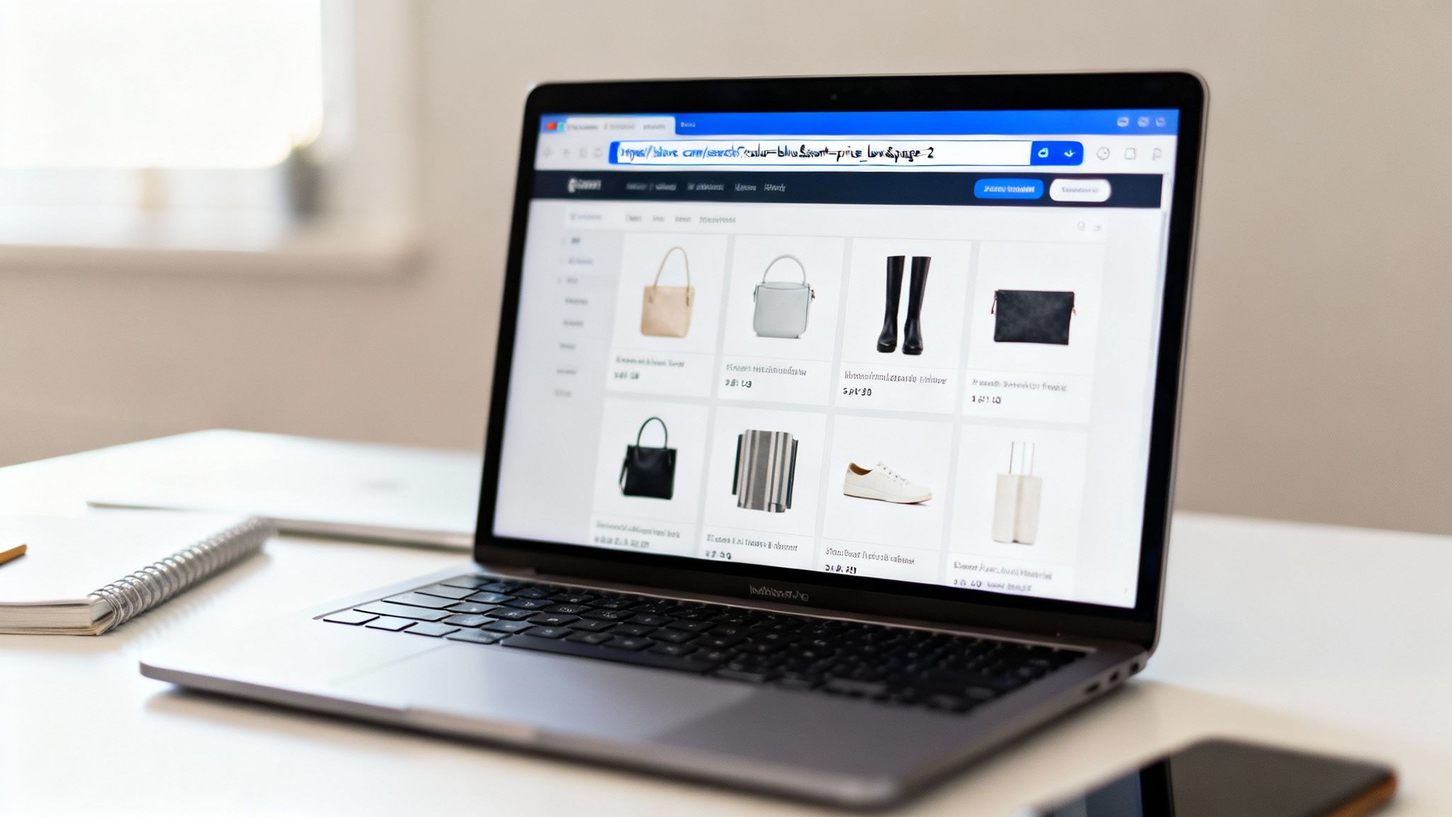 A laptop displays an online shopping website with various fashion items like handbags and boots.