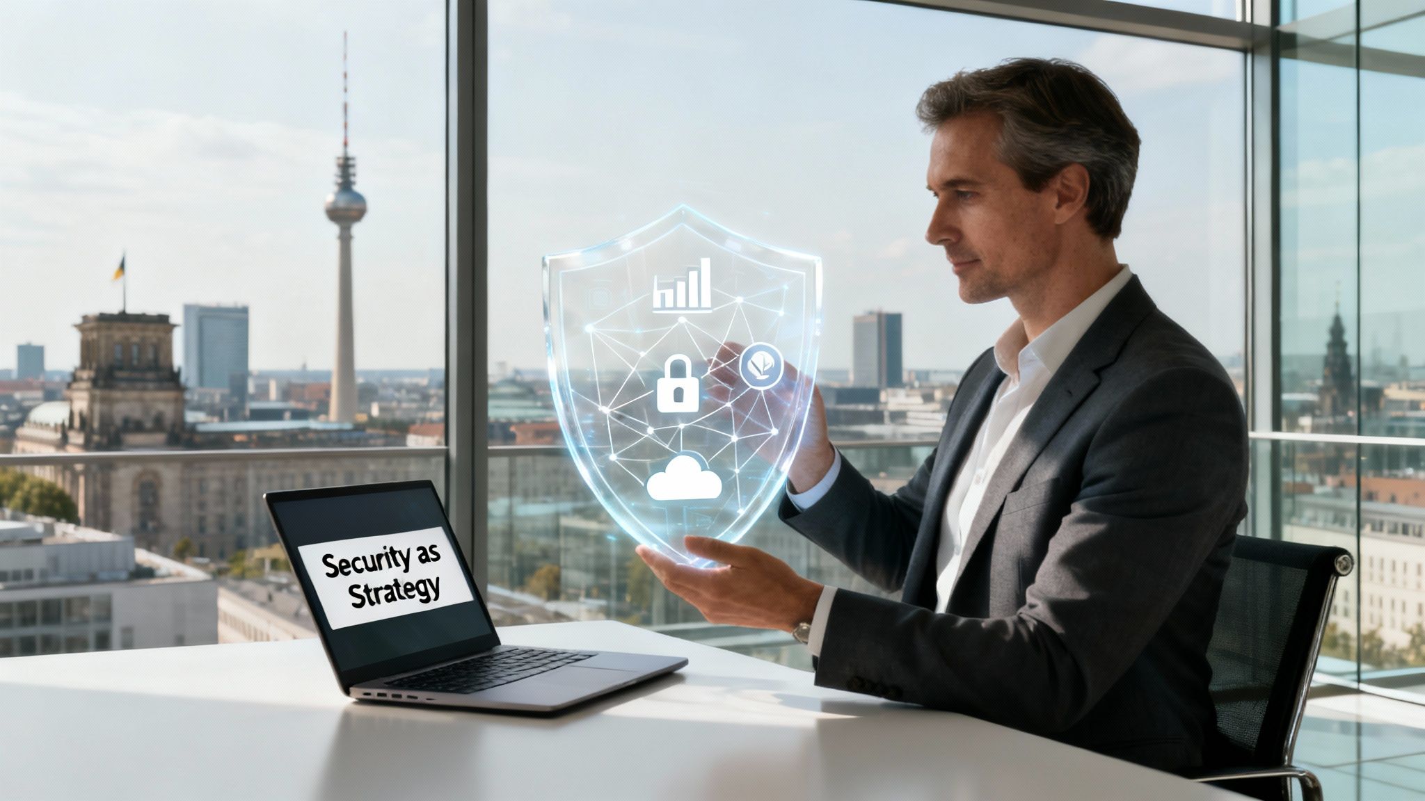 Businessman holding a digital security shield with icons in a modern office overlooking a city, with a laptop displaying 'Security as Strategy'.