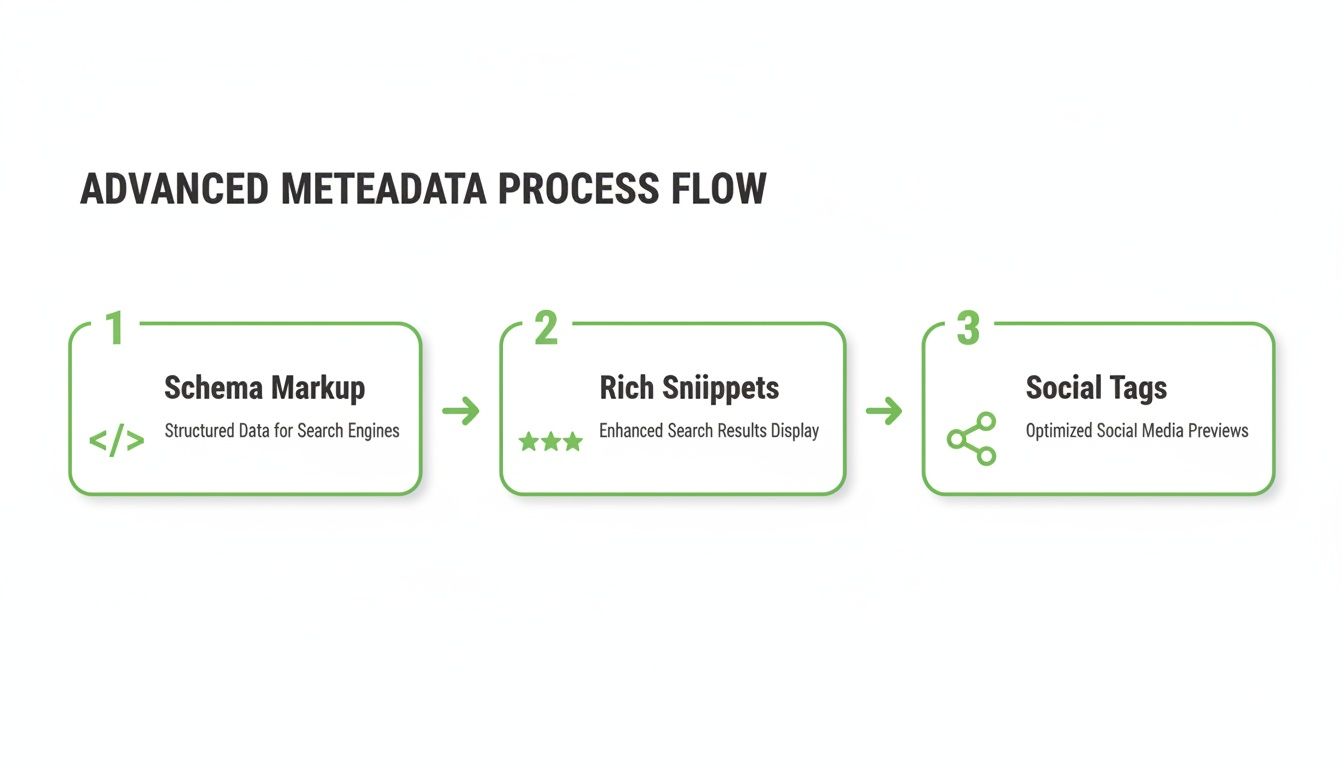 Advanced metadata process flow diagram detailing schema markup, rich snippets, and social tags for SEO.