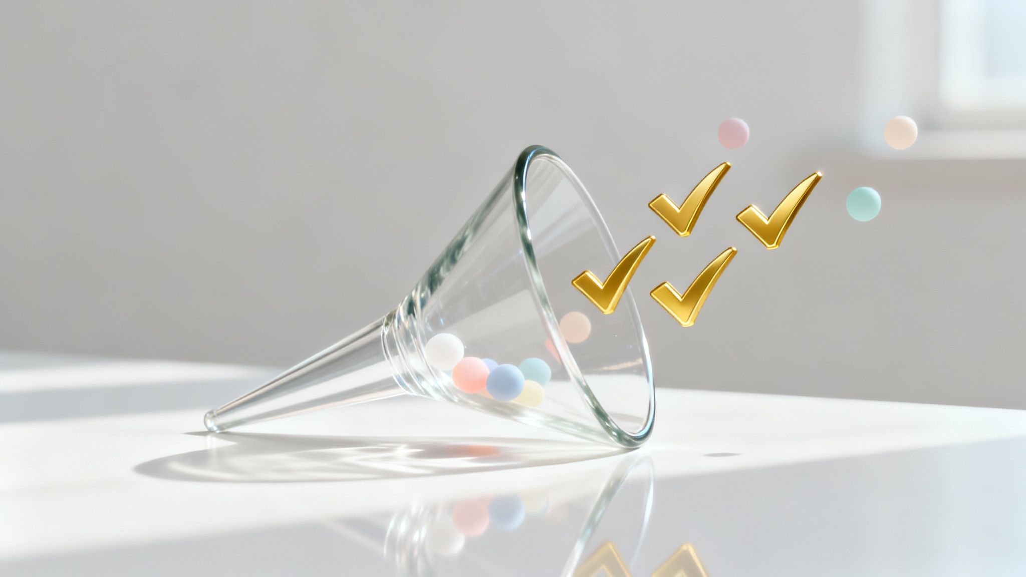 A glass funnel with colorful spheres, golden checkmarks exiting, symbolizing successful outcomes or filtered results.