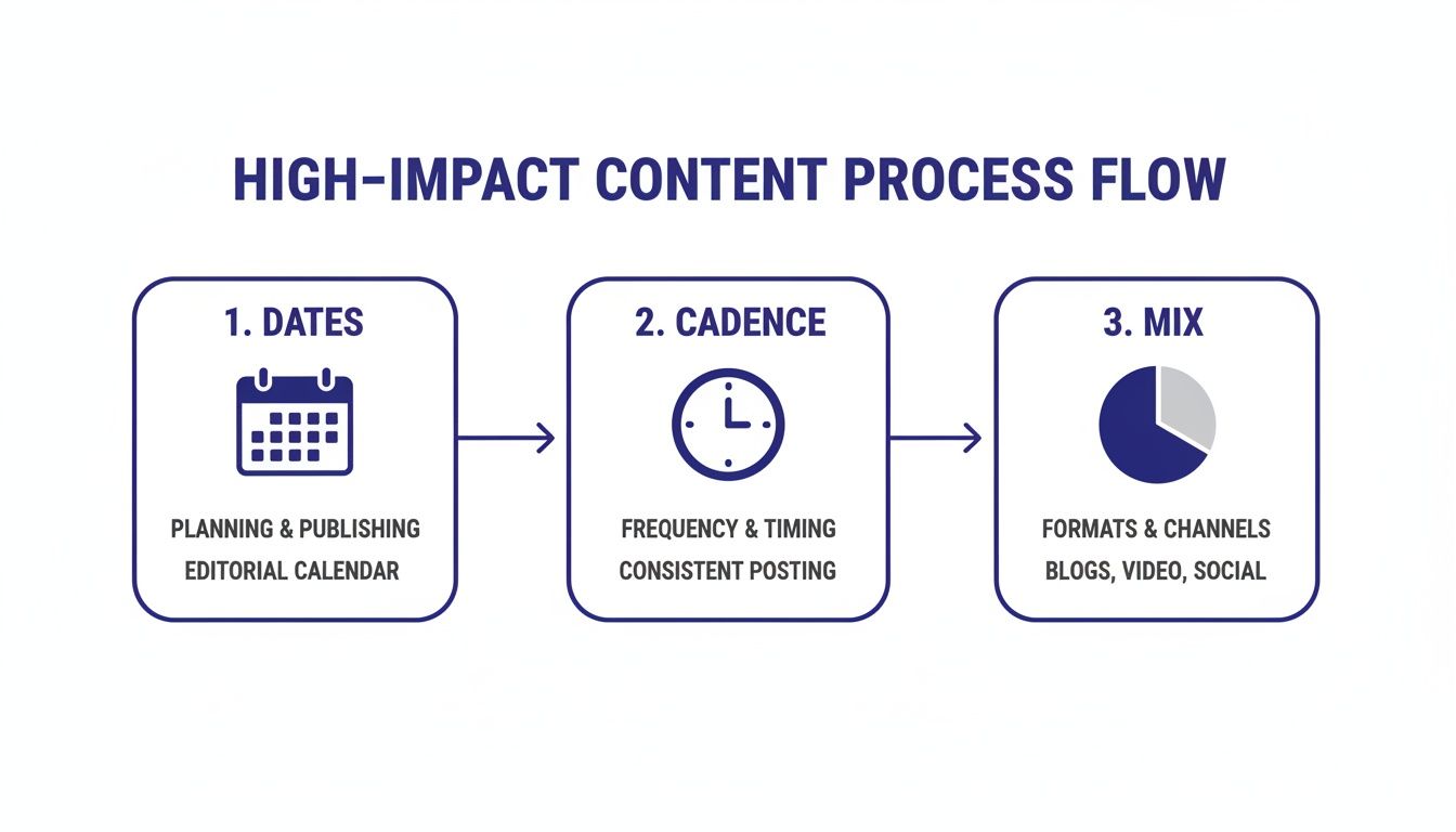 High-impact content process flow diagram with steps: dates, cadence, and mix for effective content creation.