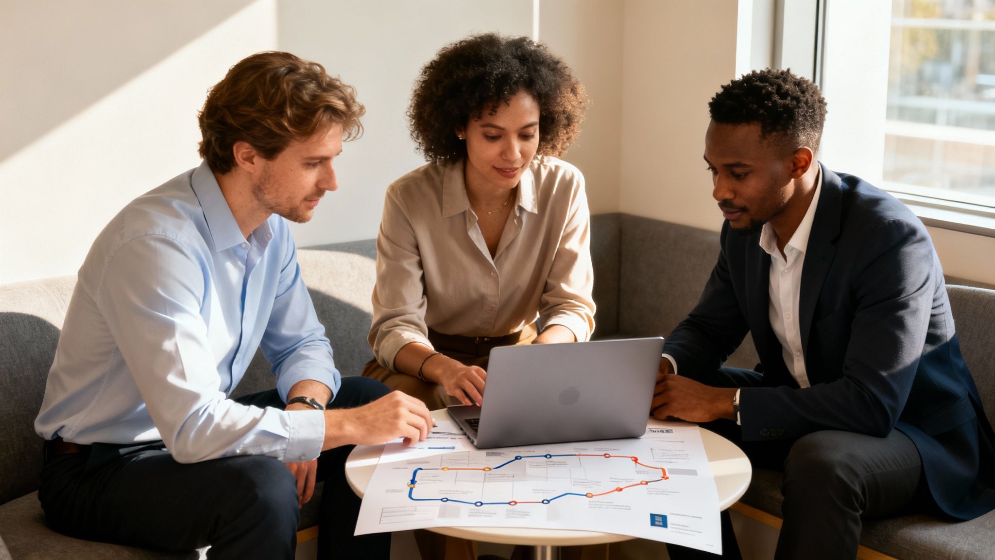 Diverse team discusses a project plan, reviewing documents and a laptop in a modern office.