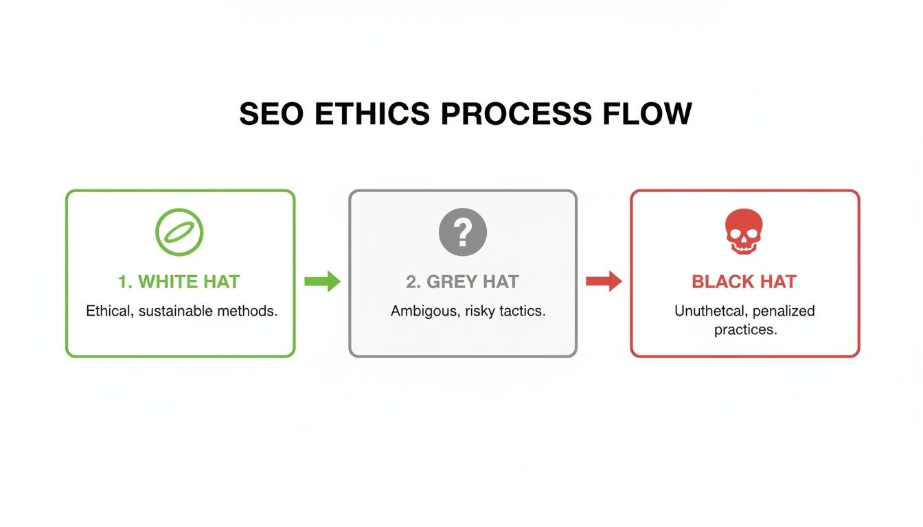 Flowchart illustrating SEO ethics: White Hat (ethical), Grey Hat (ambiguous), and Black Hat (unethical practices).