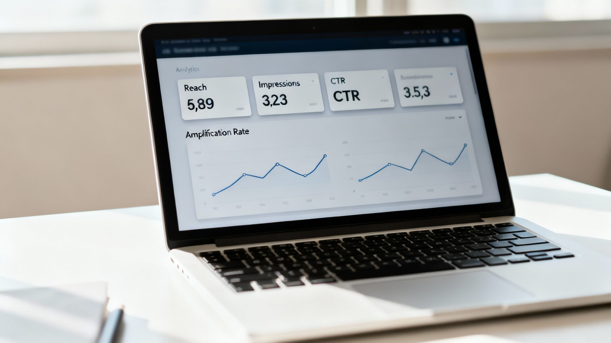 Laptop showing a social media analytics dashboard with graphs for reach, impressions, and CTR.
