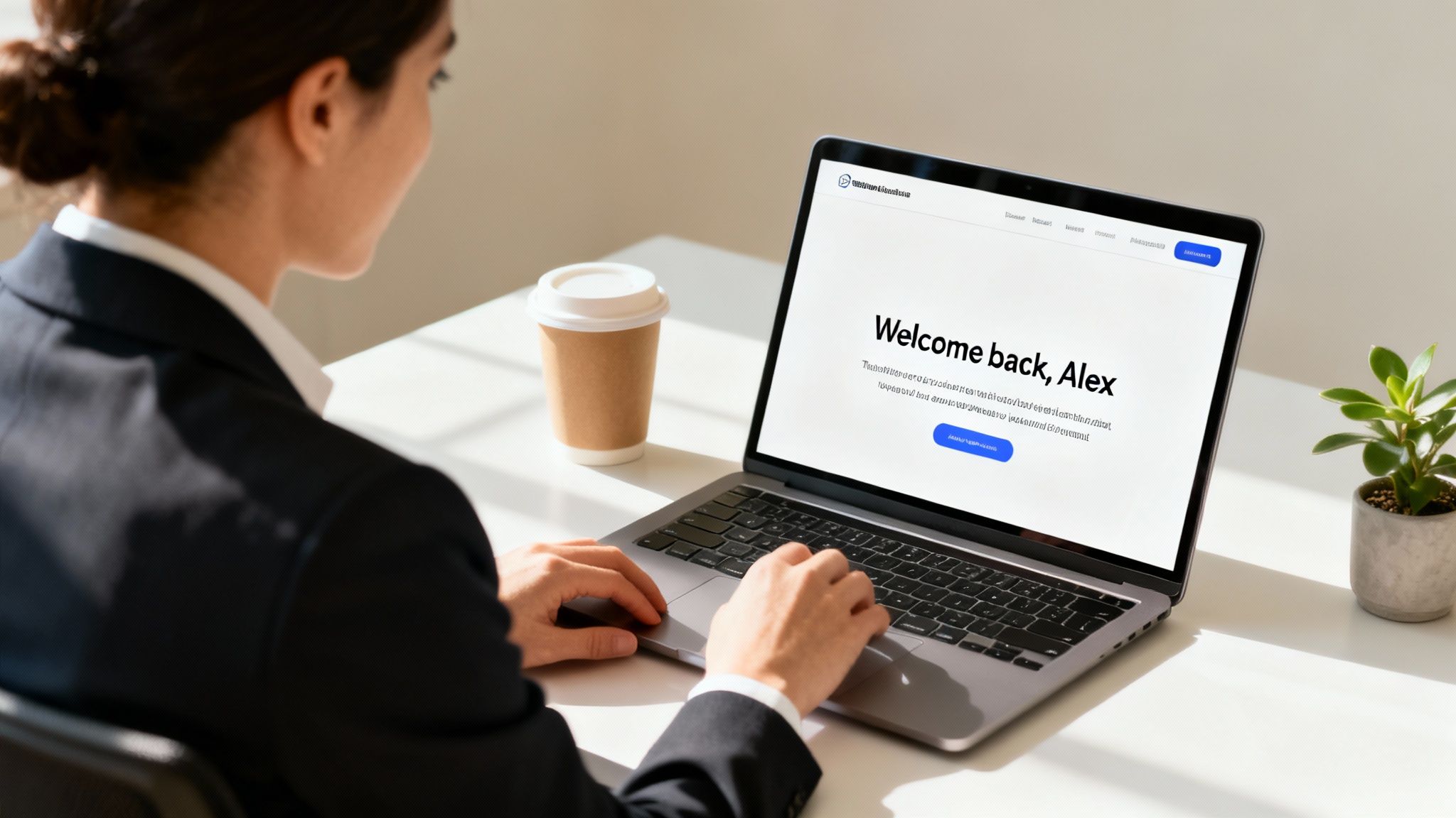 A professional woman uses a laptop at a bright desk, with a coffee cup and a plant nearby.