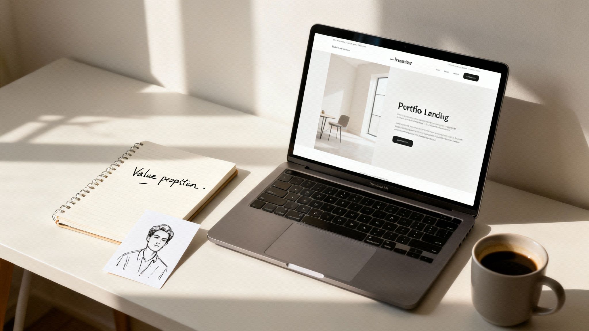 A sunlit desk with a laptop showing a portfolio page, a notebook, a sketch, and a coffee cup.