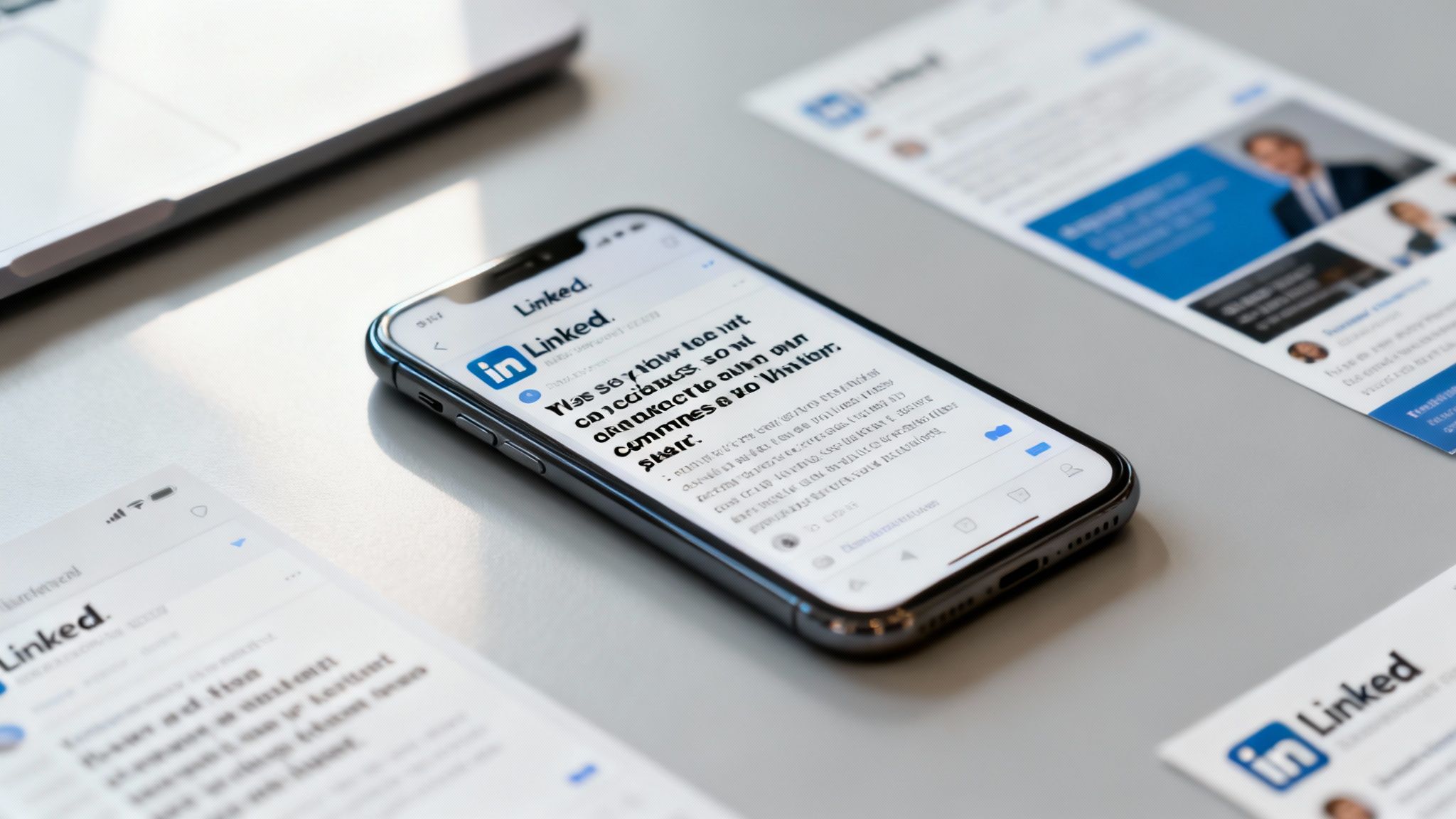 Smartphone displaying LinkedIn mobile app with posts on desk surrounded by printed LinkedIn marketing materials