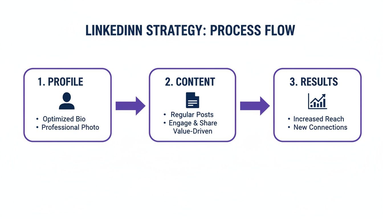 LinkedIn strategy process flow diagram illustrating steps for profile optimization, content creation, and achieving results.