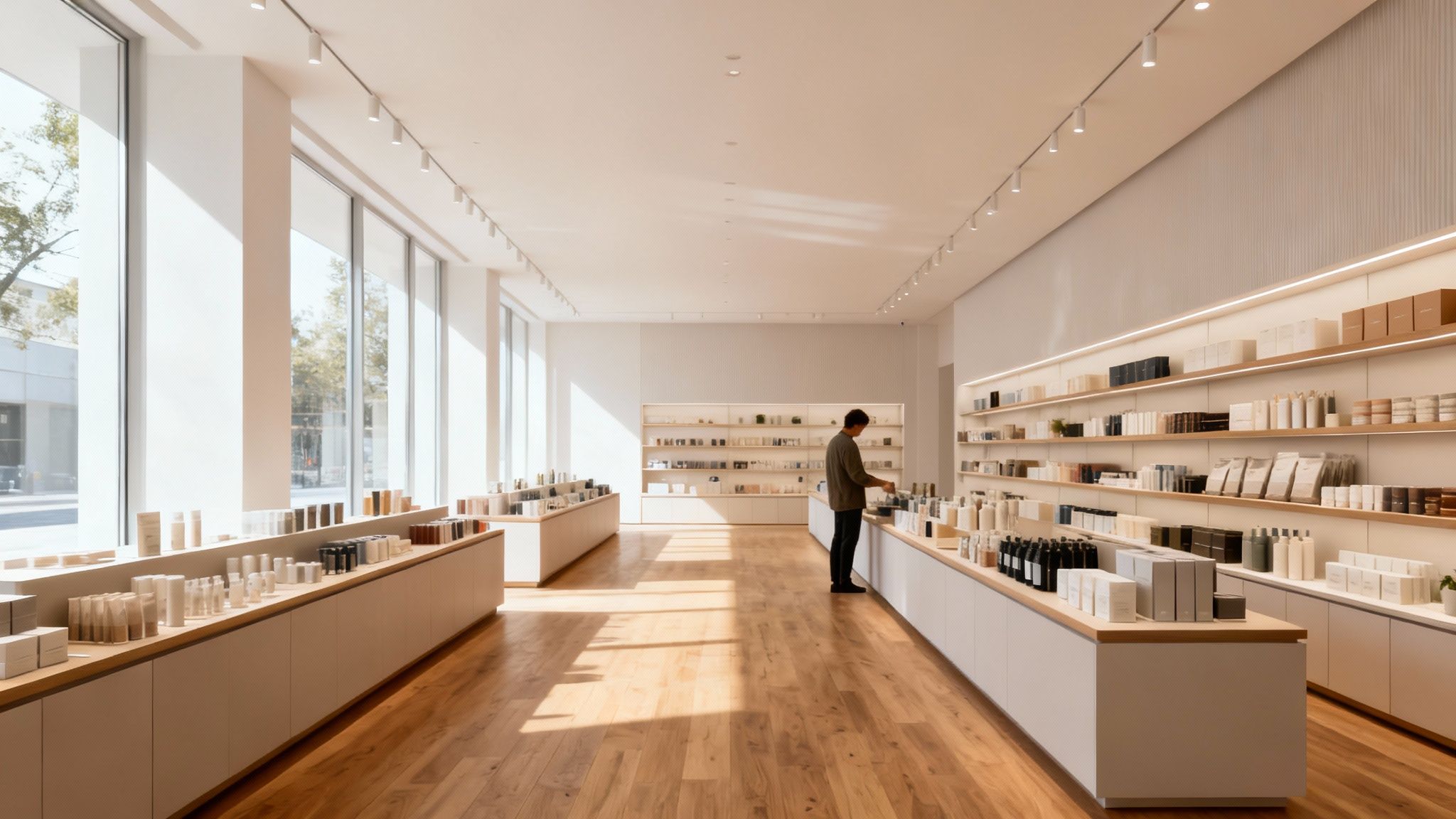 Minimalist retail store with white shelves displaying various products and a customer browsing.