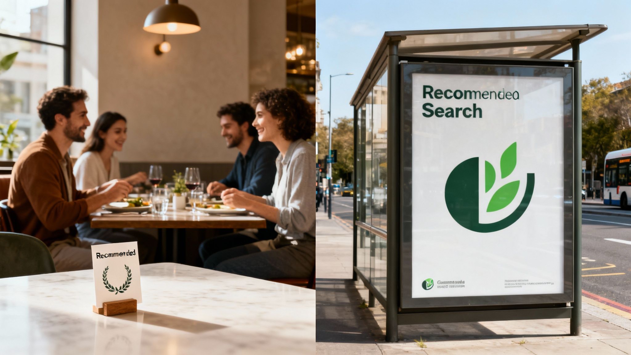 A split image showing people dining in a restaurant and a bus stop ad for 'Recommended Search' with a green leaf logo.