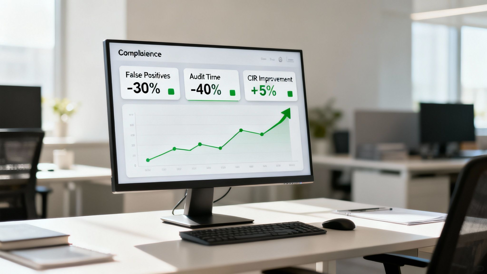 Ein Computerbildschirm im Büro zeigt Compliance‑Daten und weist Verbesserungen bei False Positives, Prüfungszeiten und CIR aus.