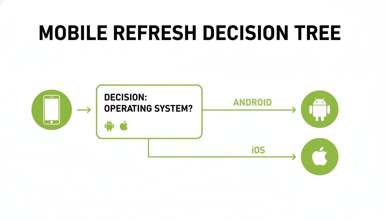 A mobile refresh decision tree flowchart showing choices between Android and iOS operating systems.