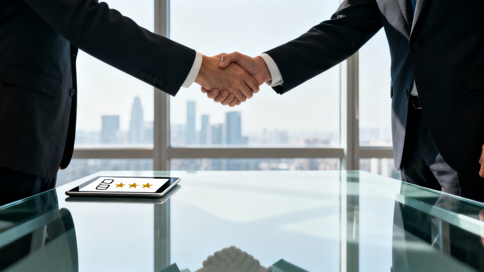 Business professionals shaking hands in an office, with a tablet displaying a three-star rating.