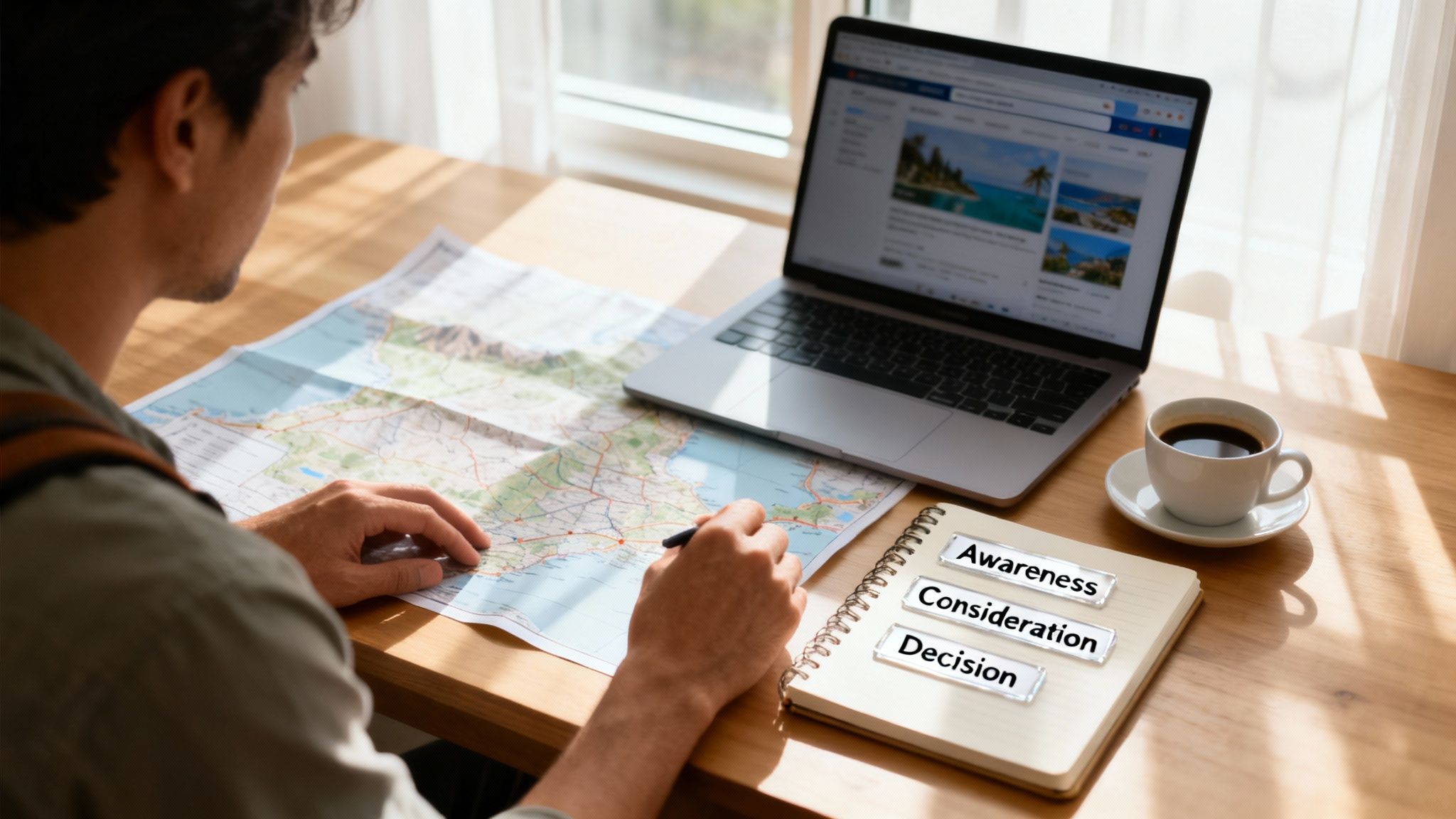 A person plans a journey, viewing a map and laptop, with a notebook detailing awareness, consideration, and decision stages.