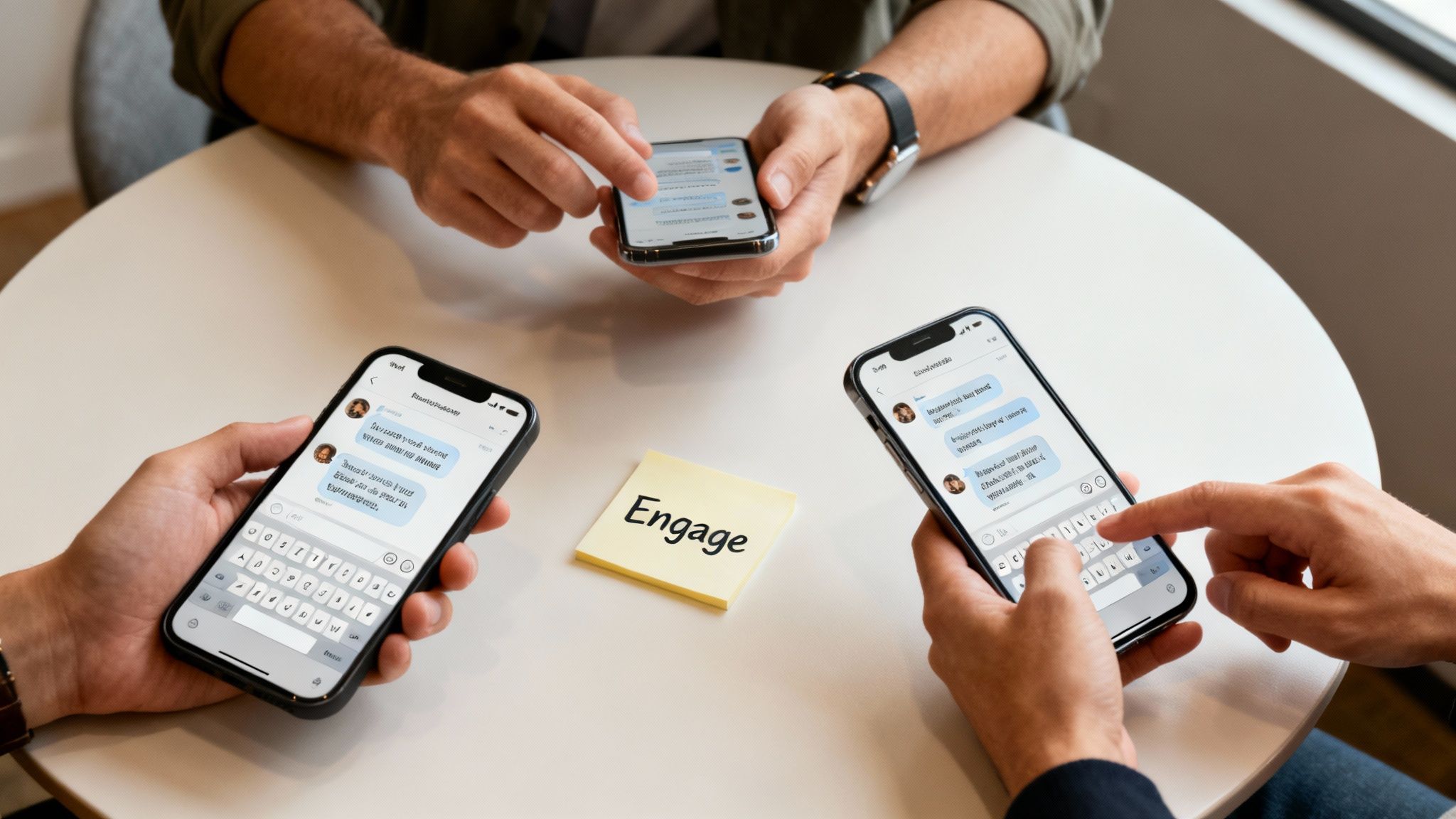 Three people texting on smartphones around a table with an 'Engage' sticky note.