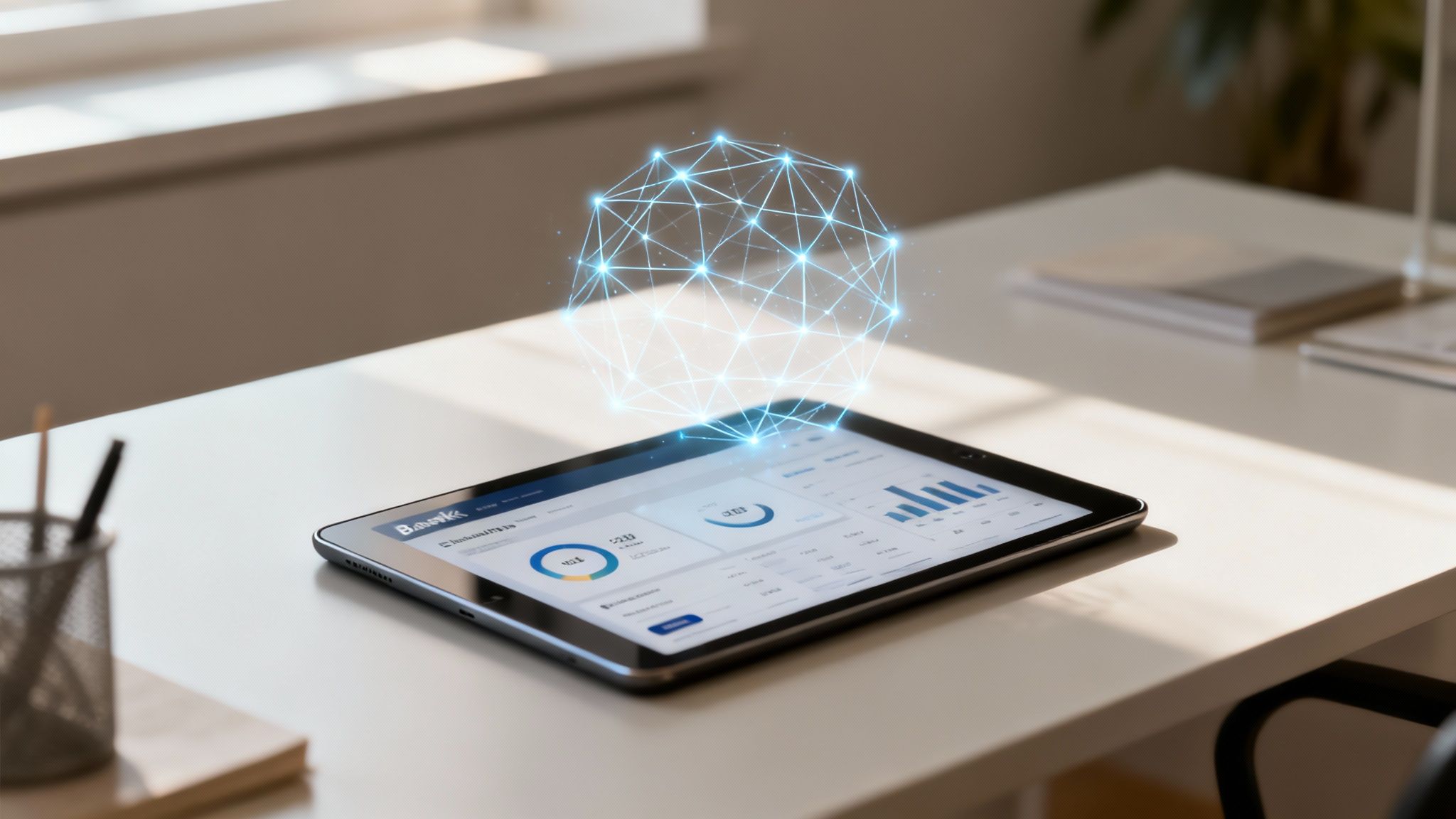 Tablet on a desk displaying banking data and charts, with a glowing blue digital network globe.