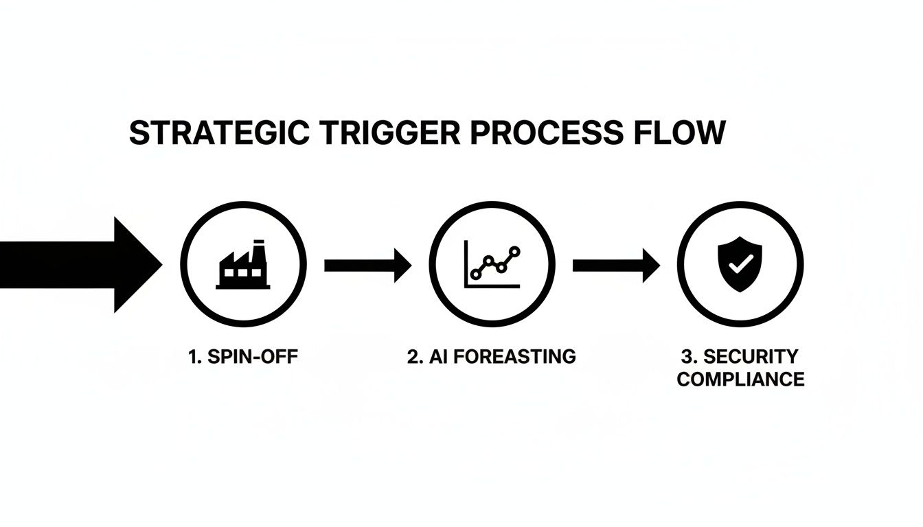 A strategic trigger process flow diagram showing three steps: spin-off, AI forecasting, and security compliance.