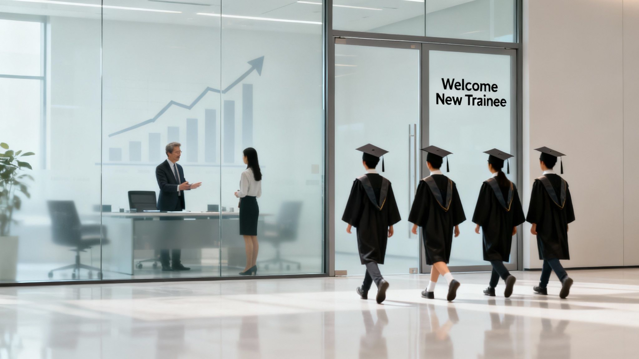 Five graduates in black gowns approach a modern office, welcomed as new trainees.