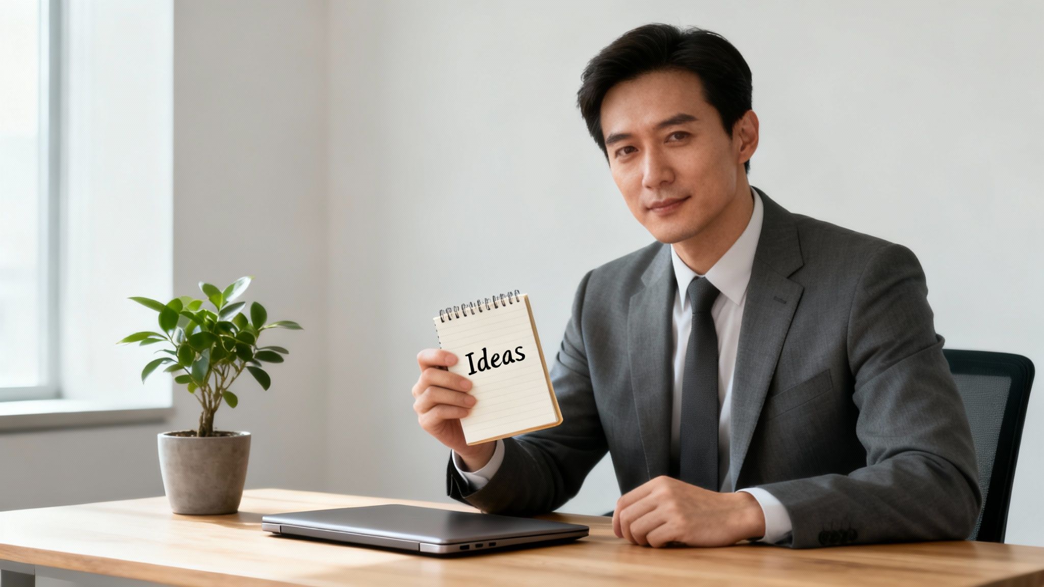 A professional man in a suit sits at a desk, holding a notebook with 'Ideas' written on it.