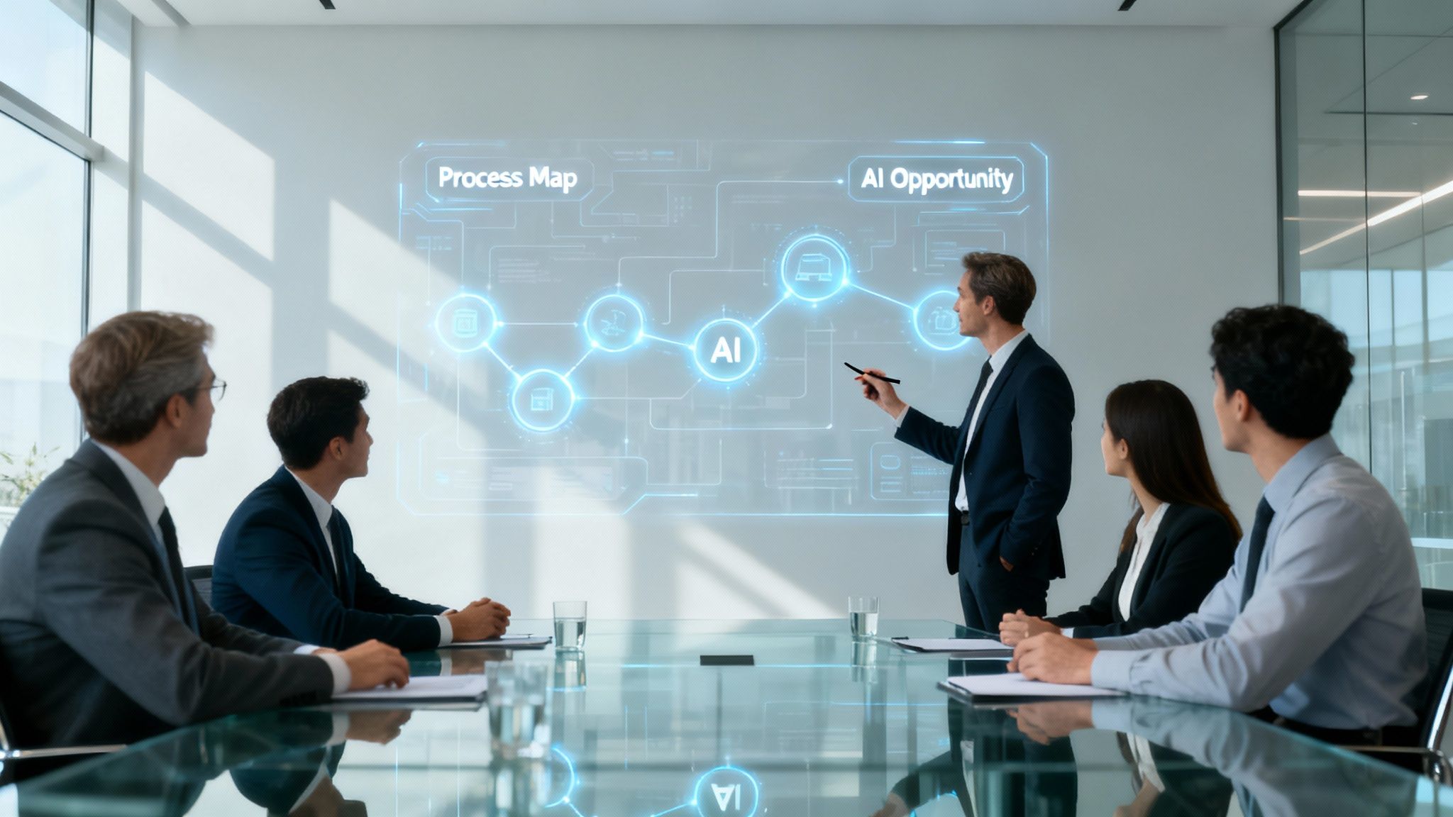 Business‑Professionals in einem modernen Besprechungsraum, ein Mann präsentiert eine KI‑Prozesskarte.