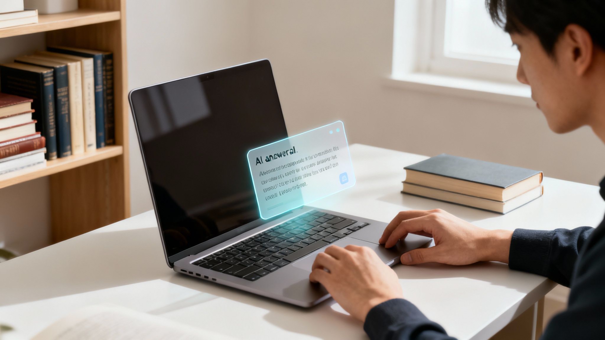 A man interacts with a laptop displaying a glowing AI answer box, with books in the background.