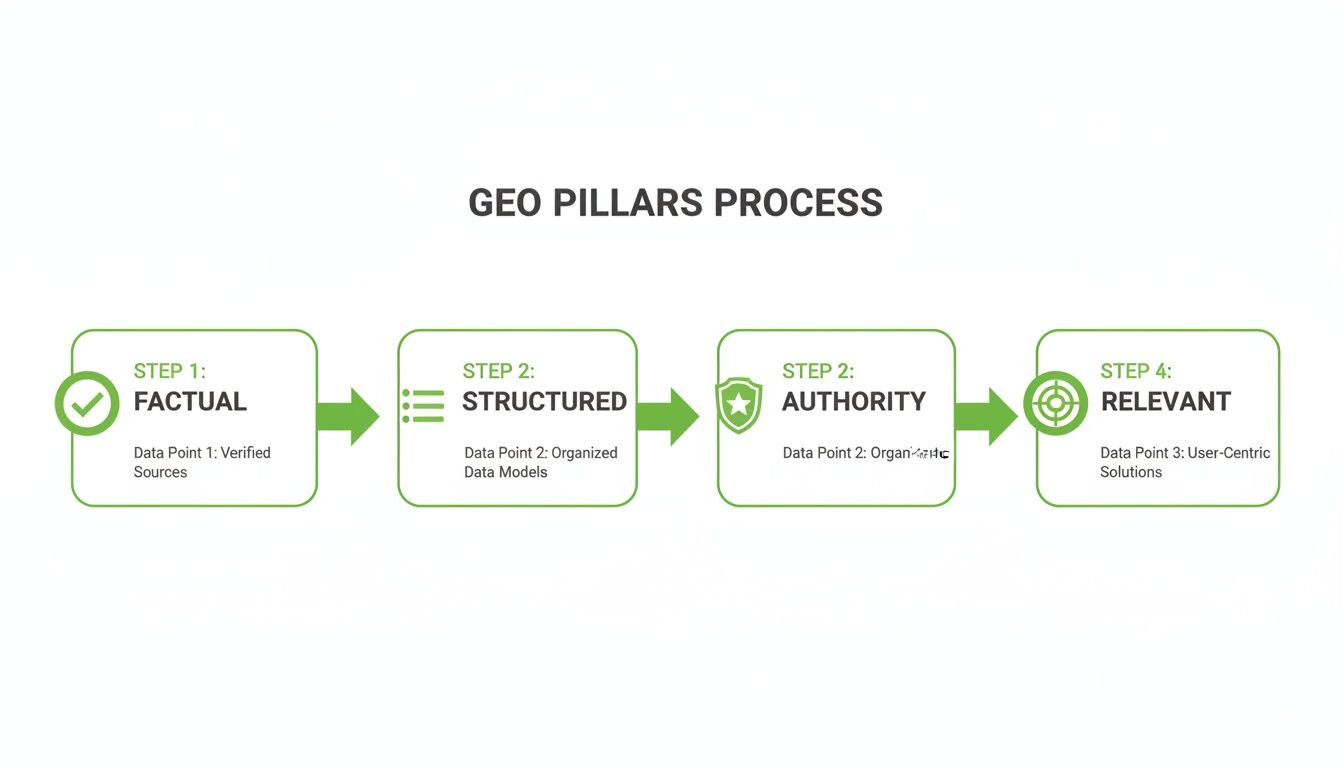 A diagram illustrating the four-step GEO Pillars Process: Factual, Structured, Authority, and Relevant.