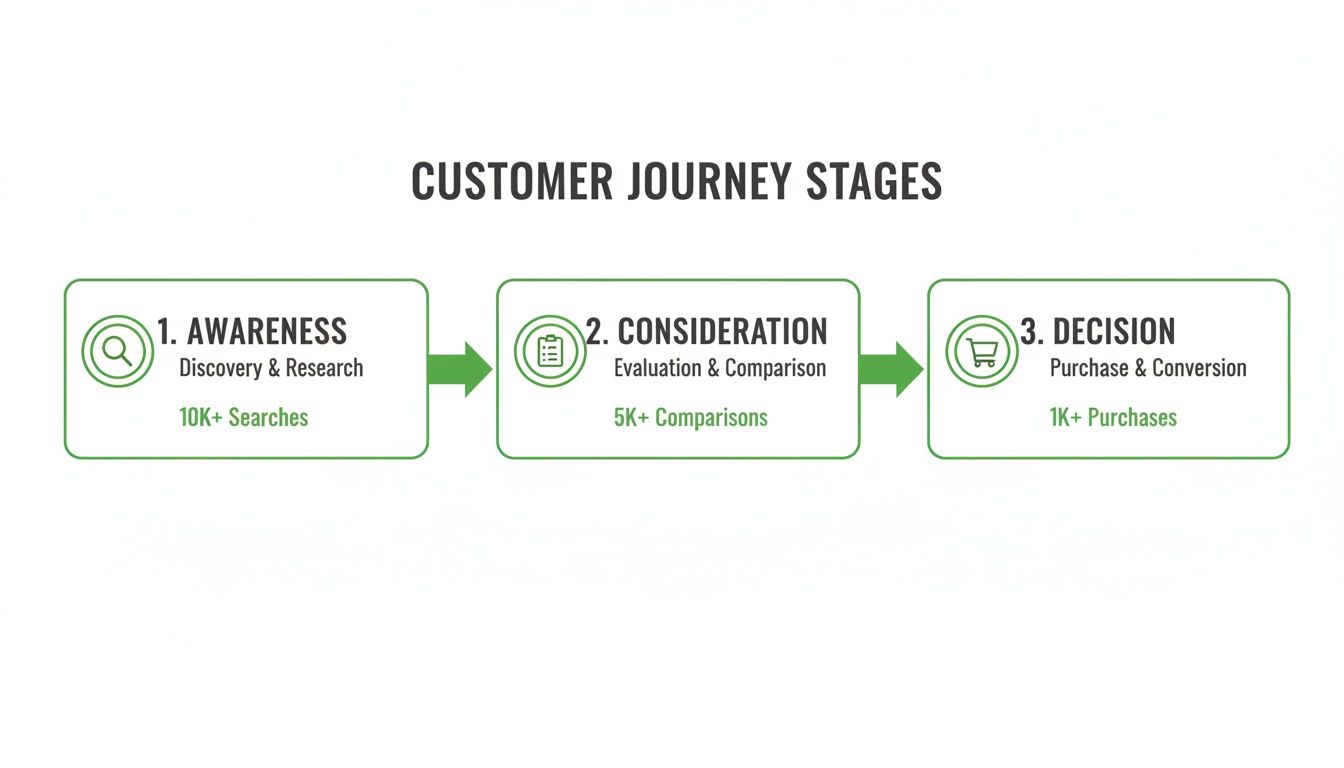 A diagram illustrates three customer journey stages: Awareness, Consideration, and Decision, with metrics.