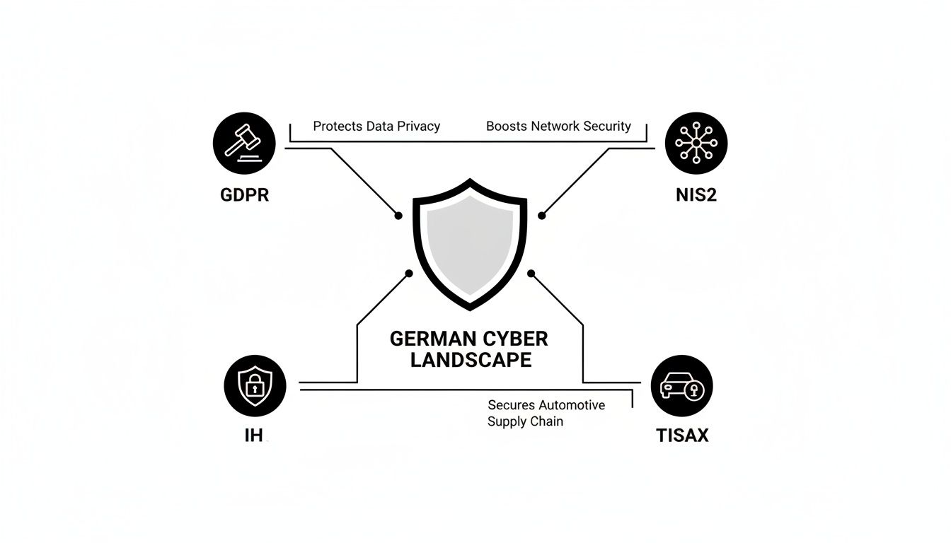 Diagram illustrating Germany's cyber landscape, with GDPR, NIS2, IH, and TISAX boosting security.