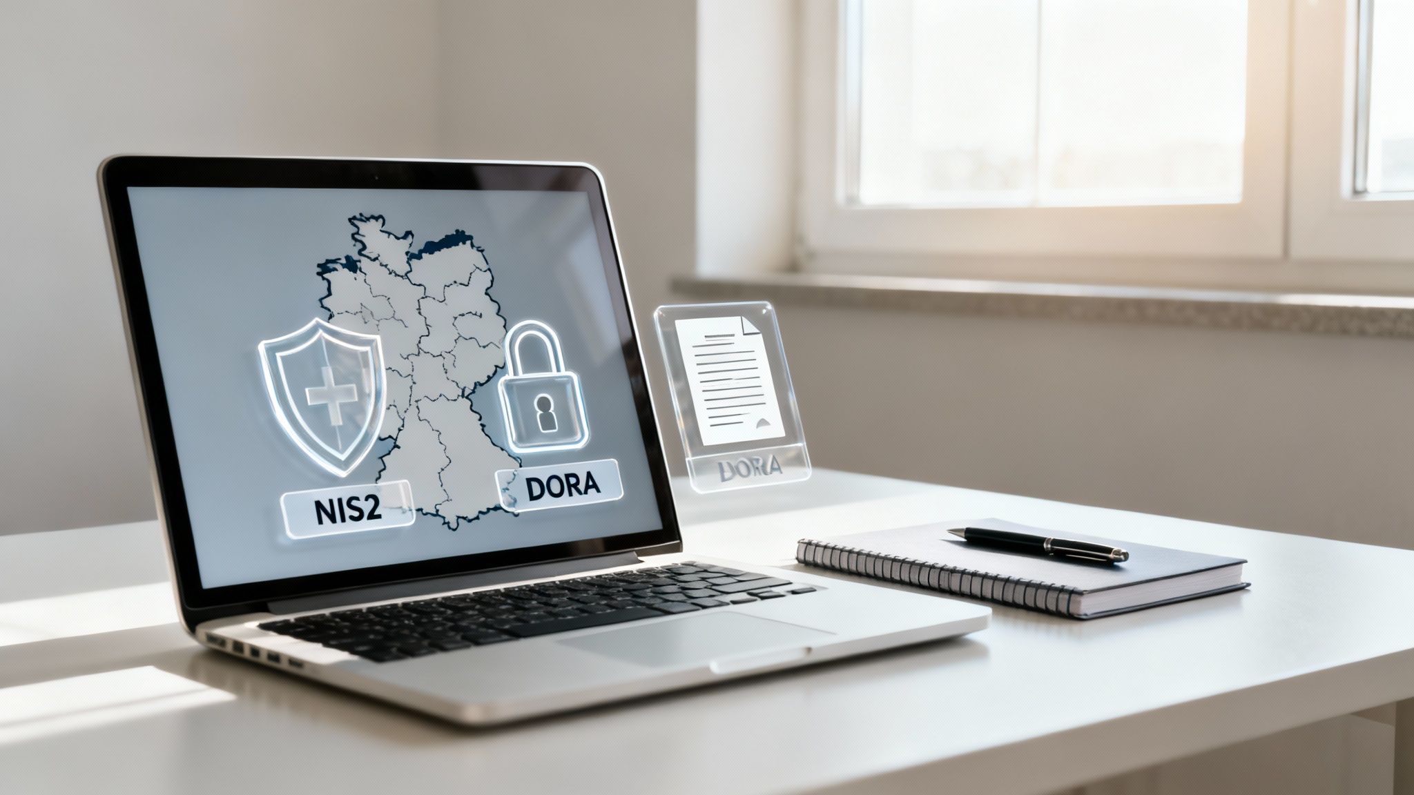 Laptop auf einem Schreibtisch zeigt Deutschlands Karte mit NIS2- und DORA-Cybersicherheitsregulierungsicons.