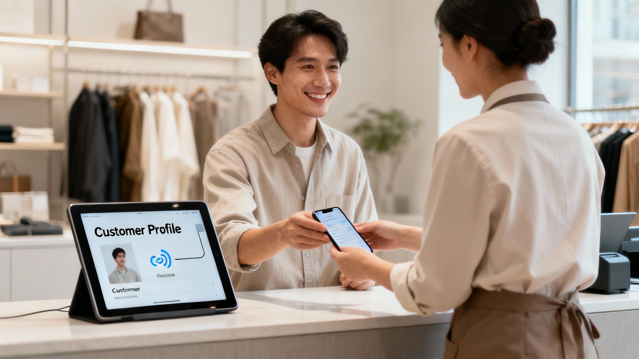 A smiling man makes a smartphone payment to a store assistant, with a customer profile displayed on a tablet.
