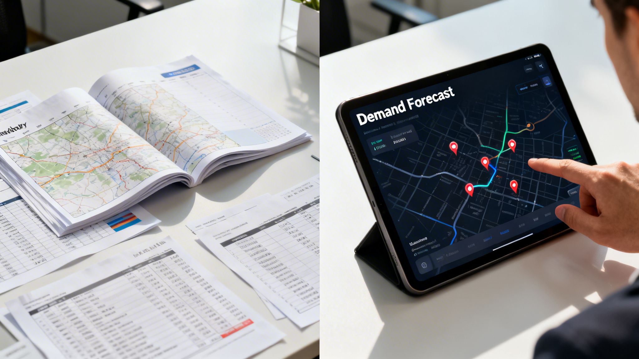 Side-by-side view comparing traditional paper maps with a digital demand forecast app on a tablet.