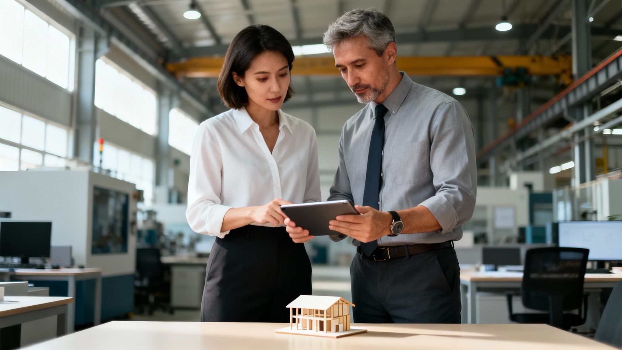 Two colleagues reviewing data on a tablet next to a house model in a modern factory setting.