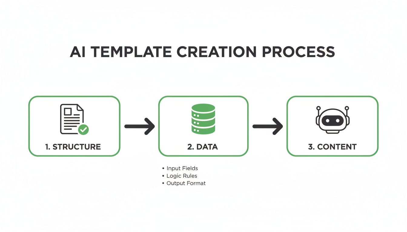 Diagram illustrating the 3-step AI template creation process: Structure, Data, and Content generation.