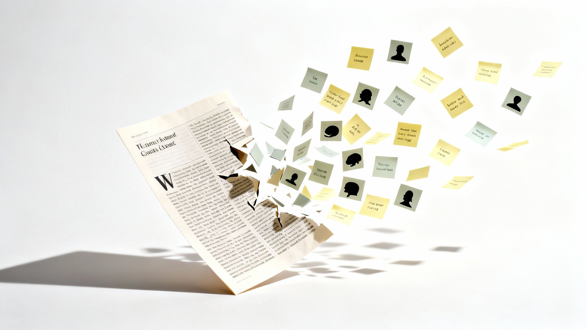 A newspaper page tears apart, releasing flying sticky notes with text and head silhouettes.