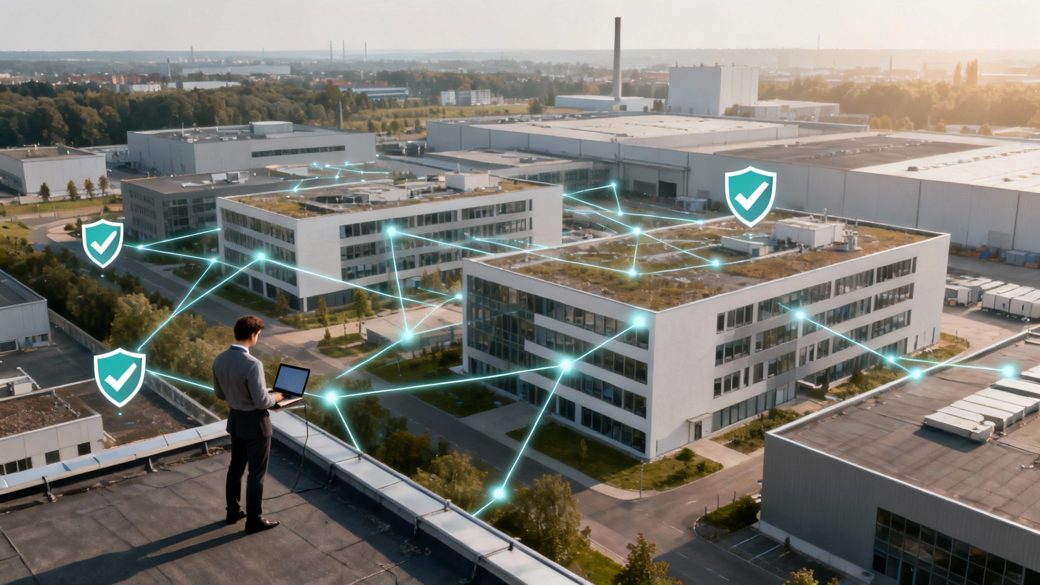 Mann auf einem Dach mit Laptop, der ein sicheres Netzwerk über einen Industriekomplex verwaltet.