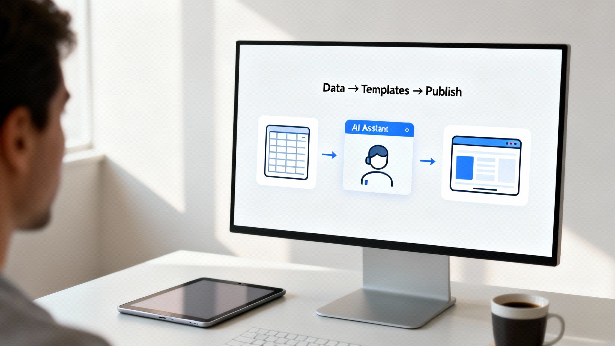 Person viewing a computer screen displaying a workflow from data to publish via an AI assistant.