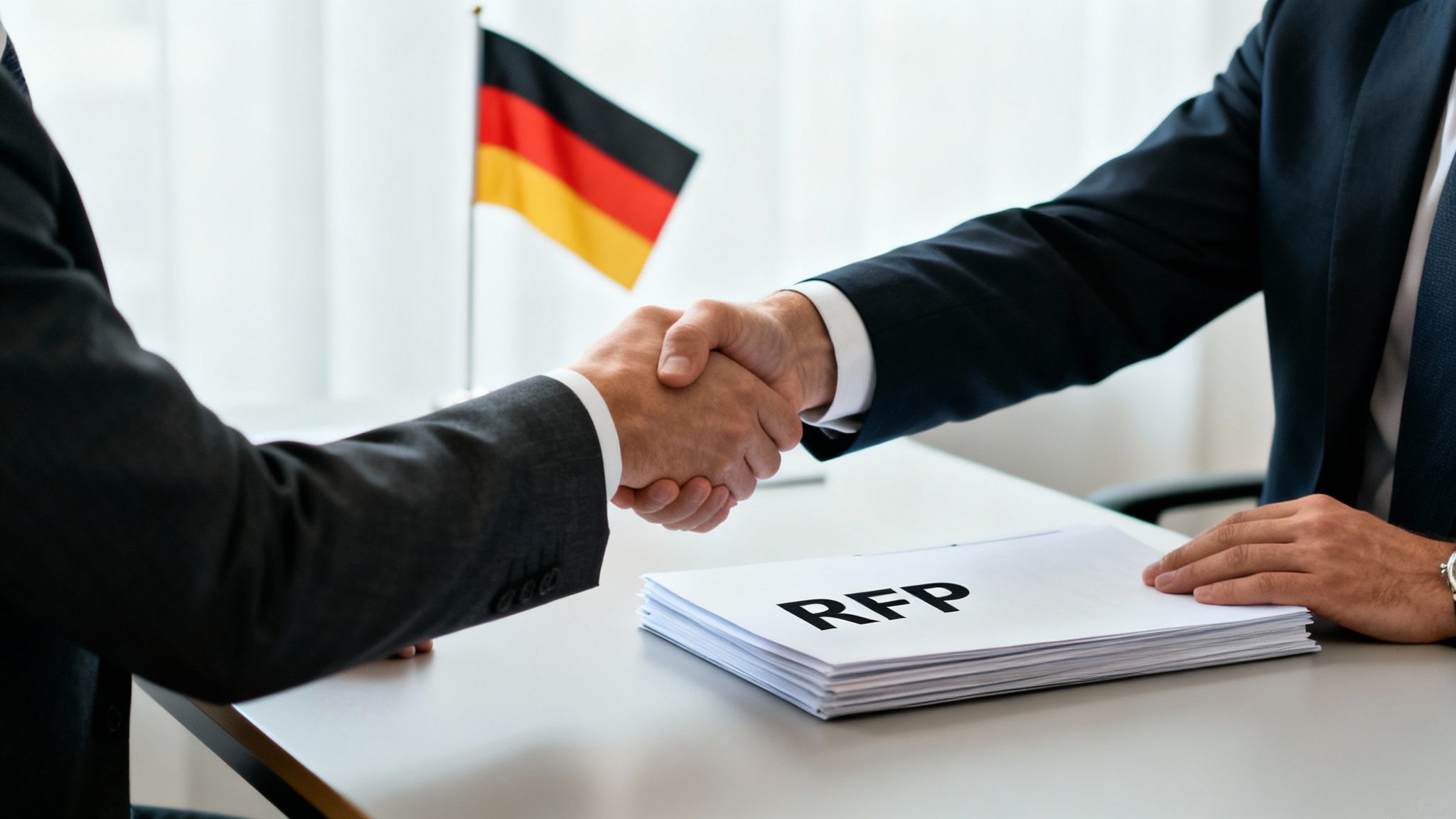 Two businessmen shaking hands over an RFP document with the German flag, symbolizing a new agreement.