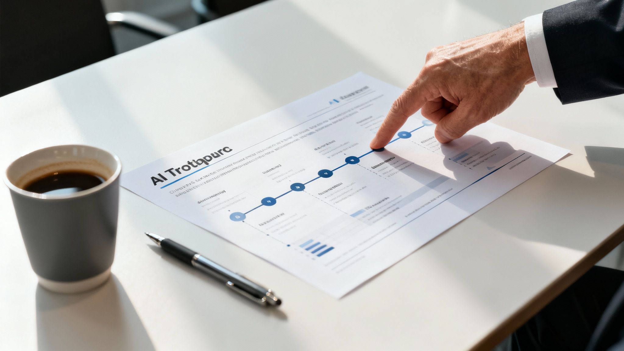 Eine Geschäfts­person zeigt mit der Hand auf ein Dokument mit einer Zeitachse auf einem weißen Schreibtisch, neben Kaffee und einem Stift.