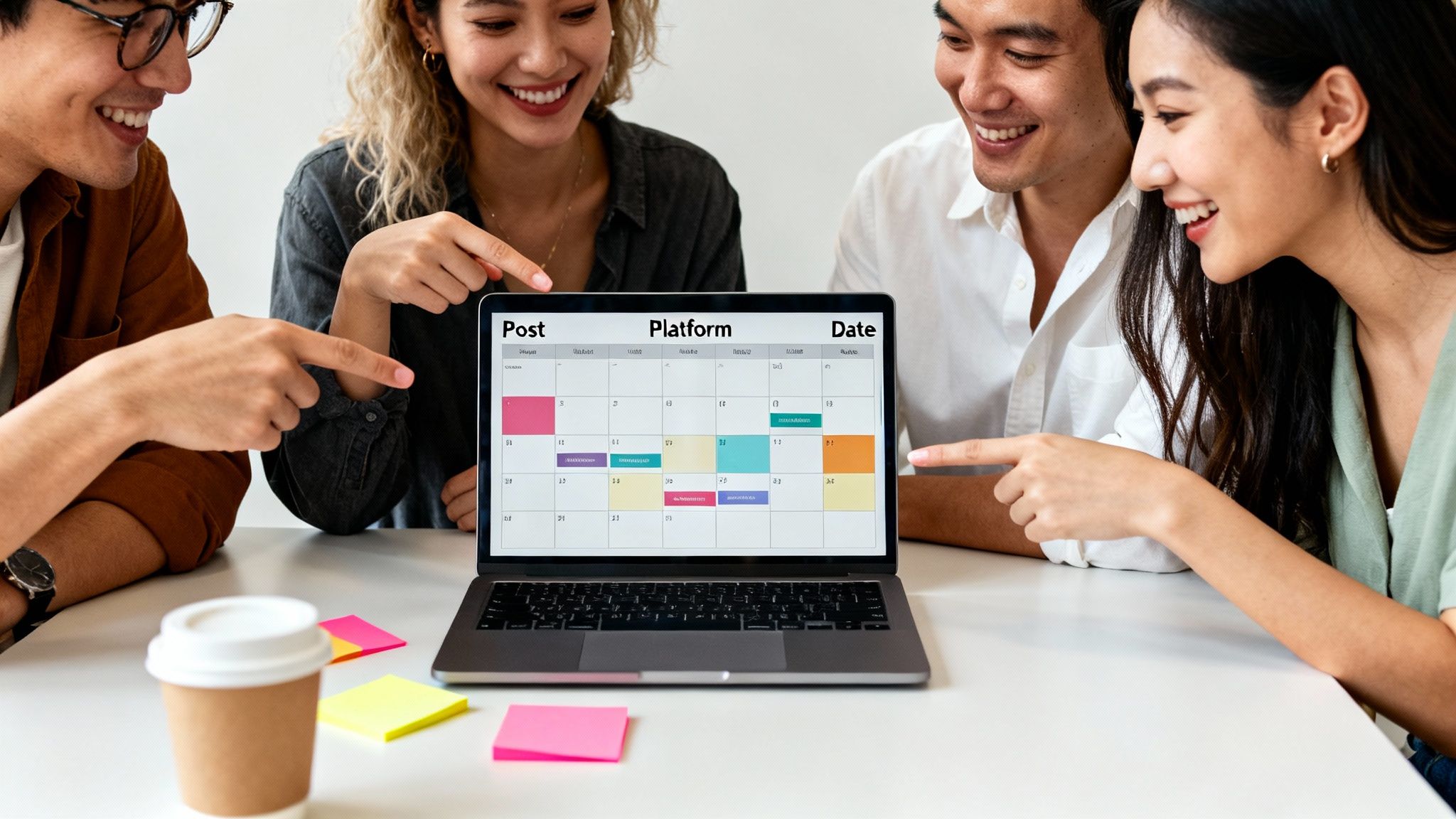 Four smiling people pointing at a laptop showing a colorful social media content calendar.