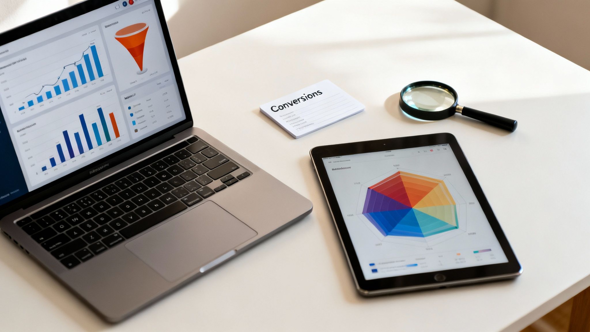 A flat lay of a white desk with a laptop, tablet, 'Conversions' notepad, and magnifying glass, showing business data.