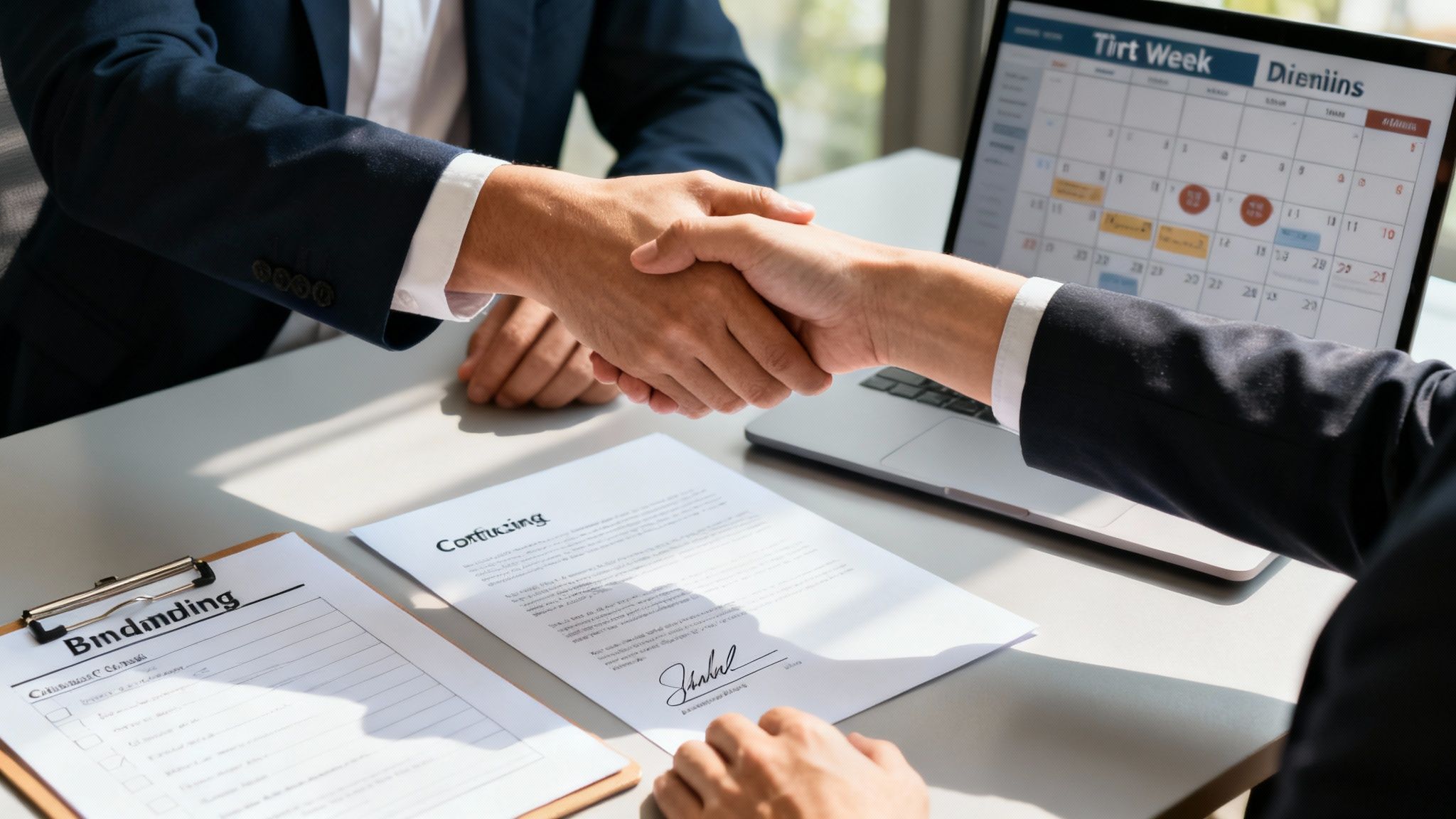 Two business people in suits shaking hands over a desk with documents and a laptop, symbolizing an agreement.