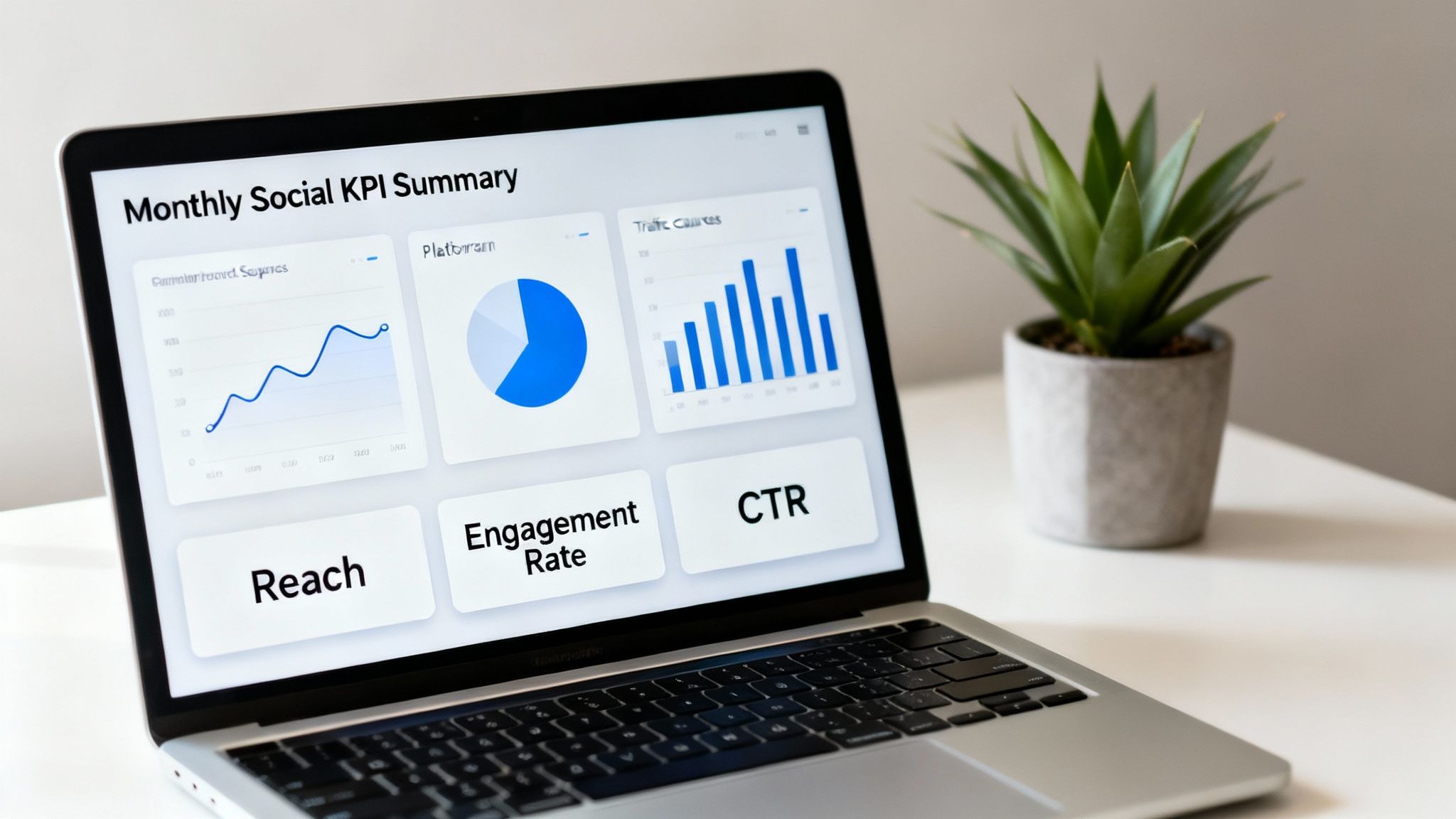 Close-up of a laptop displaying a social media KPI summary dashboard with graphs and key metrics.